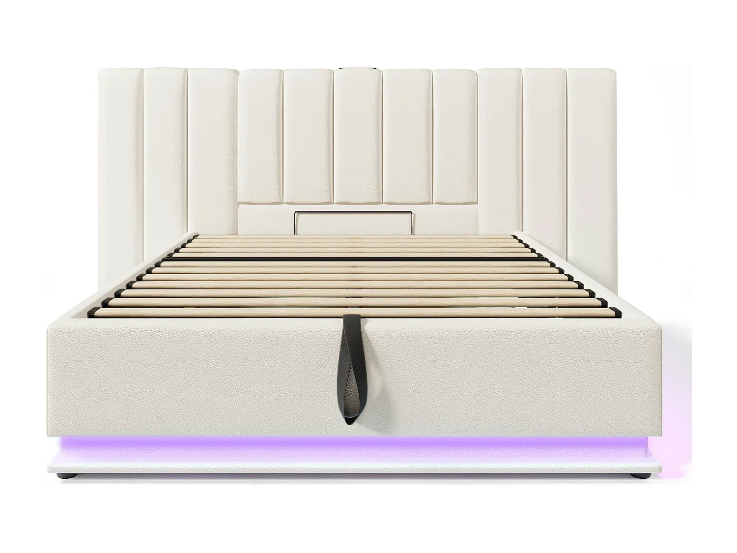 Cama contenedor 180 x 200 cm con cabecero grande - Lámpara de lectura y tomas USB + Tipo C - LED - Cuero PU - Blanco (sin colchón)