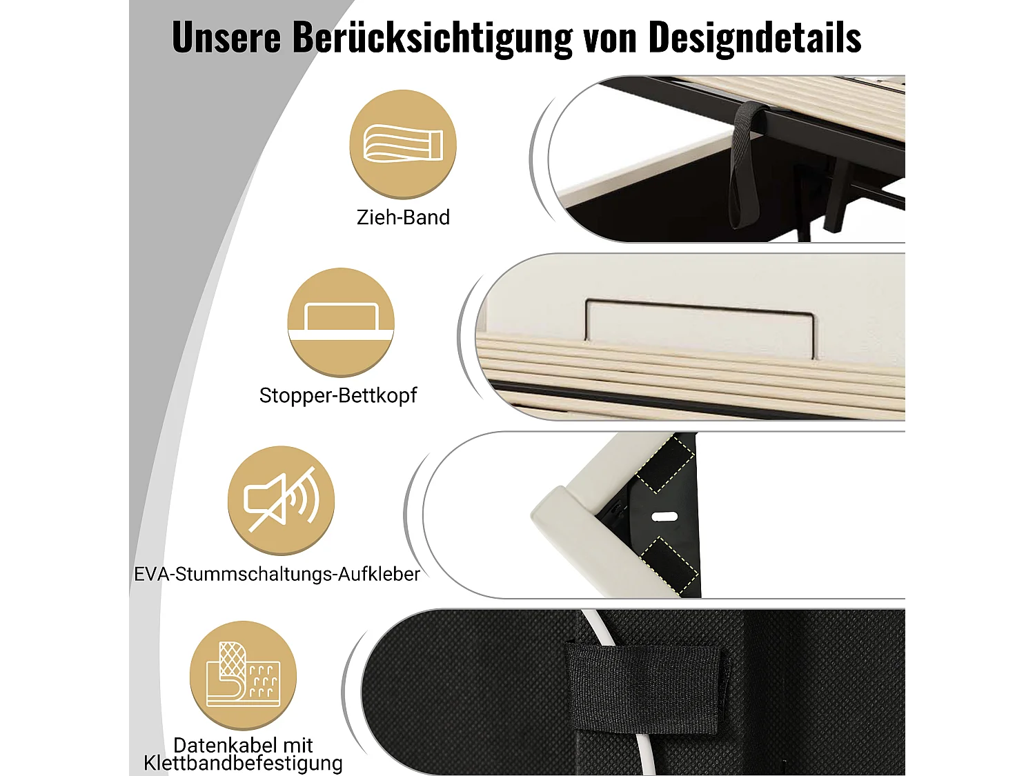 Cama contenedor 180 x 200 cm con cabecero grande - Lámpara de lectura y tomas USB + Tipo C - LED - Cuero PU - Blanco (sin colchón)