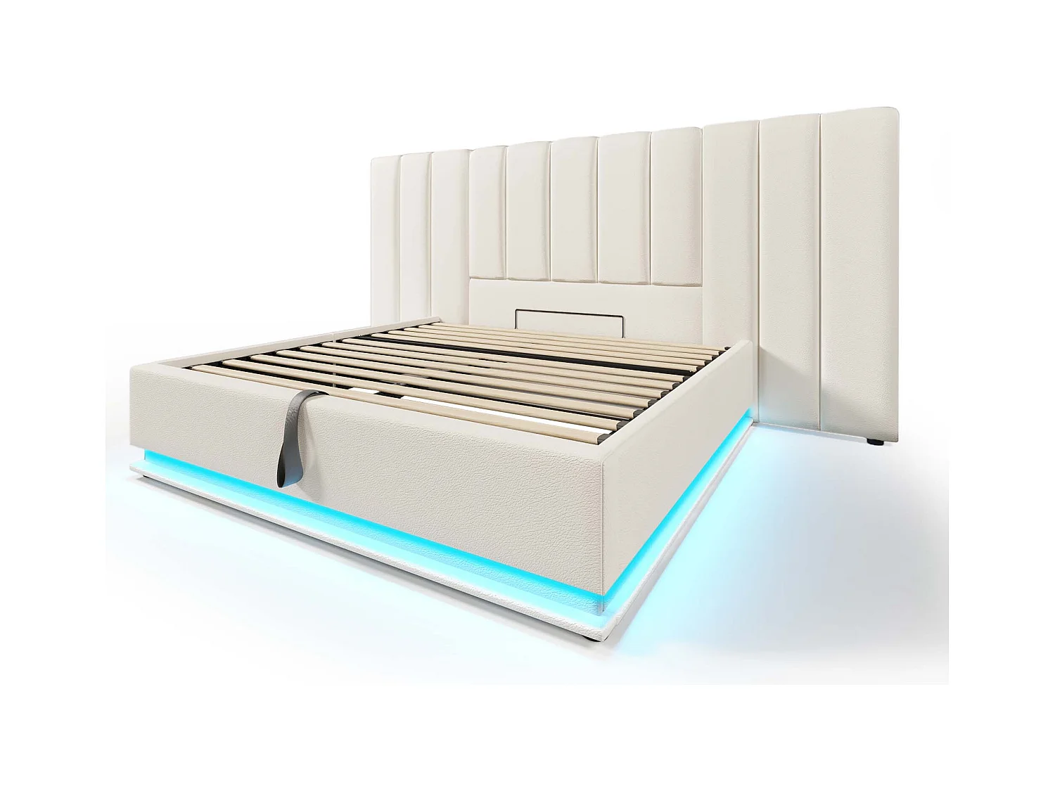 Lit coffre 180 x 200 cm avec grand tête de lit - Lampe de lecture et prises USB + Type-C - LEDs - Cuir PU - Blanc (sans matelas)