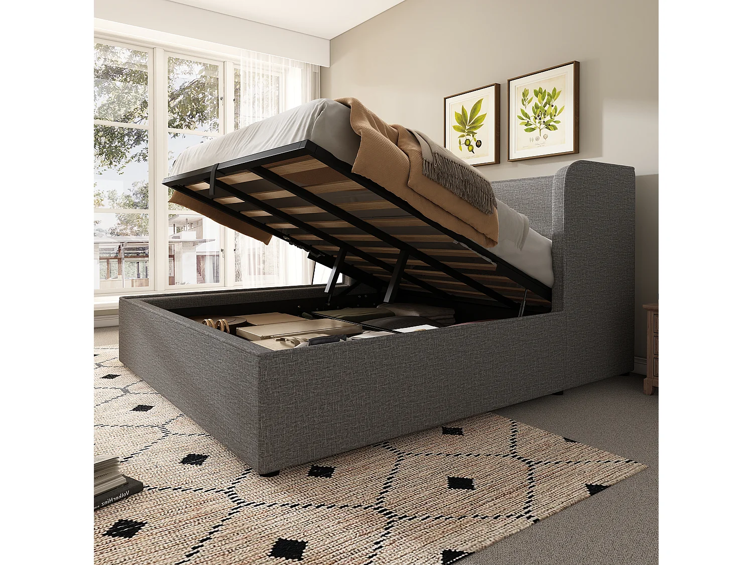 Letto contenitore 180 x 200 cm con testiera e supporti laterali - Rete sfoderabile - Tessuto Lino - Grigio (senza materasso)