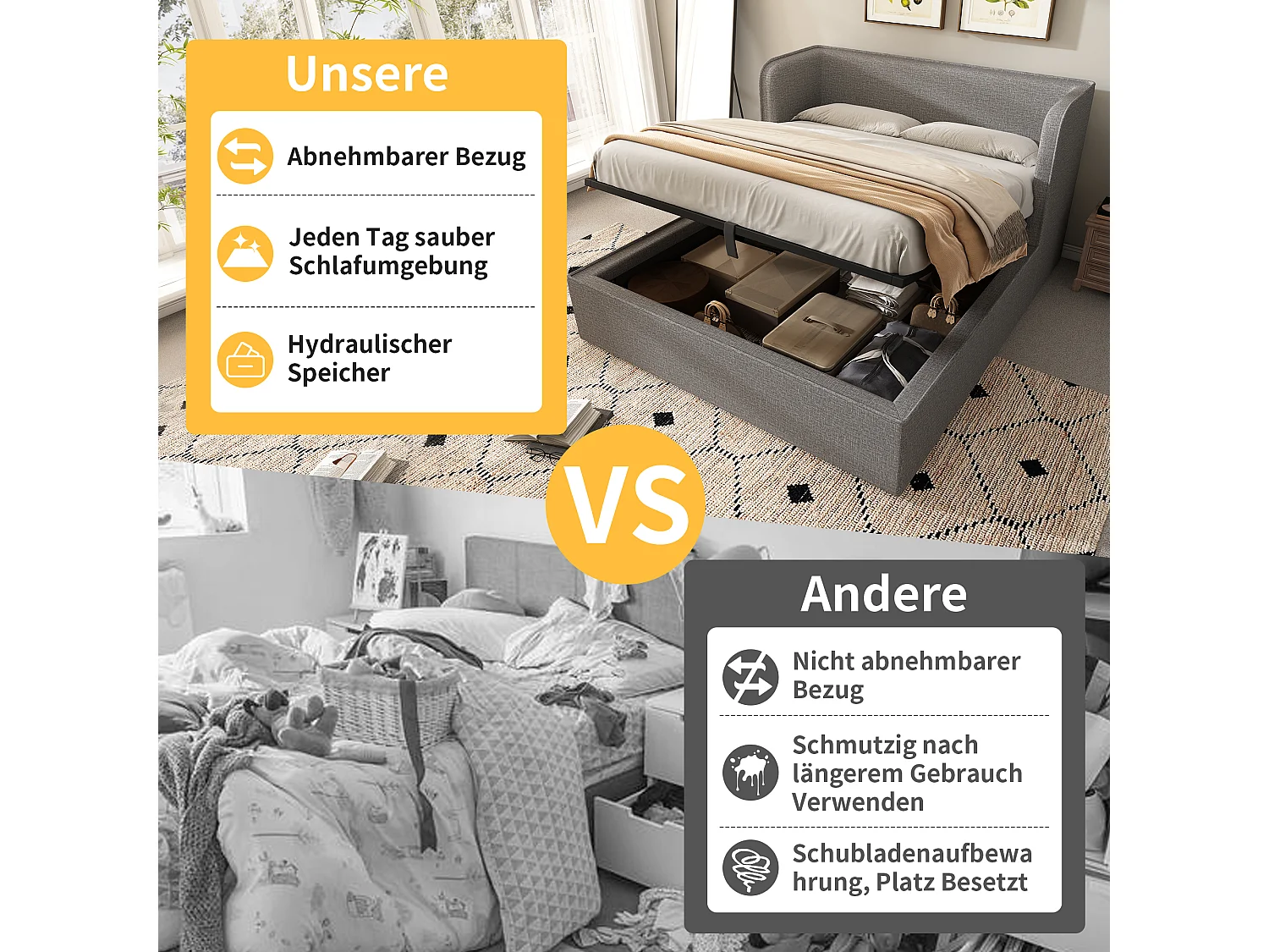 Letto contenitore 180 x 200 cm con testiera e supporti laterali - Rete sfoderabile - Tessuto Lino - Grigio (senza materasso)