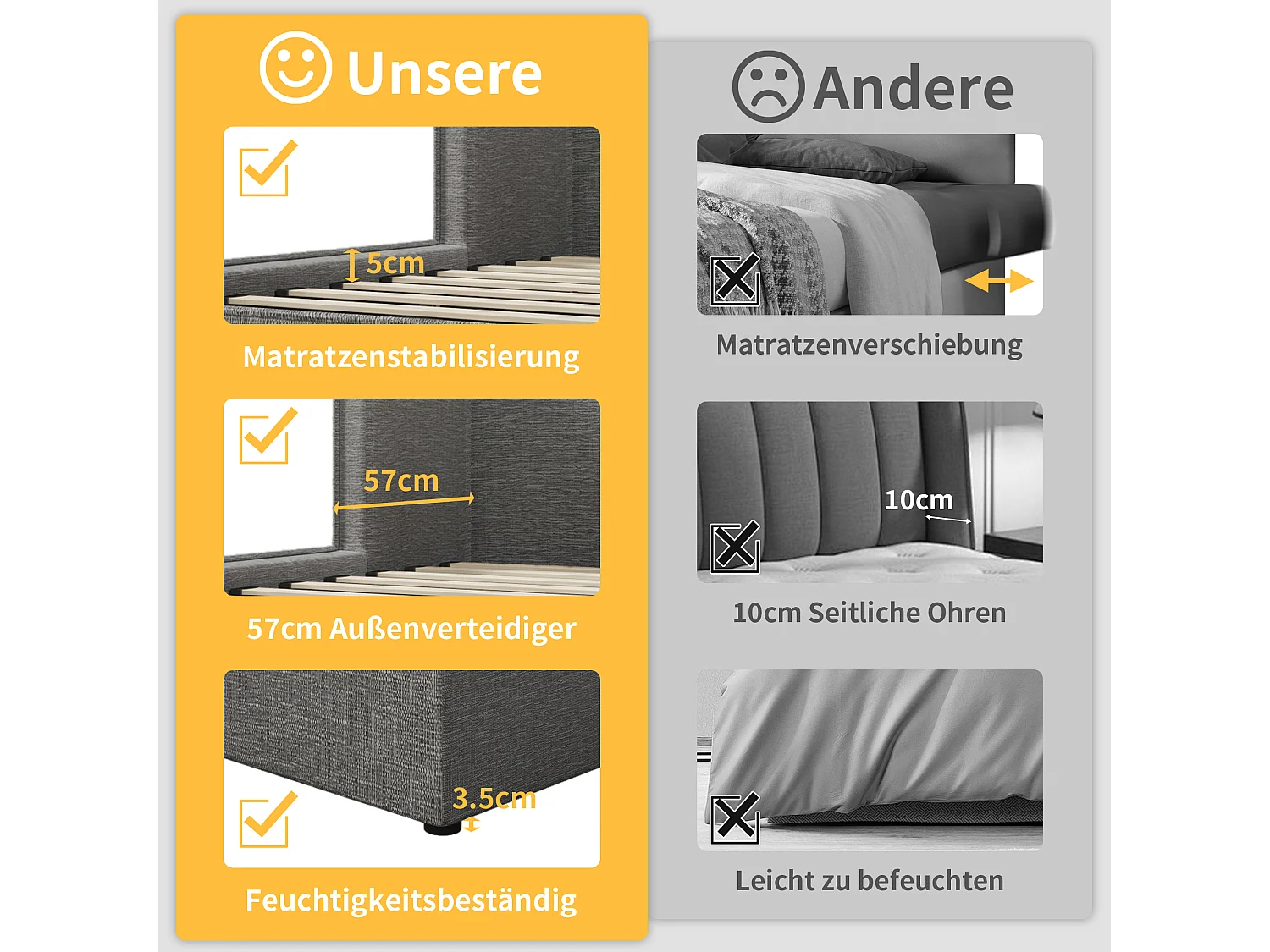 Letto contenitore 180 x 200 cm con testiera e supporti laterali - Rete sfoderabile - Tessuto Lino - Grigio (senza materasso)