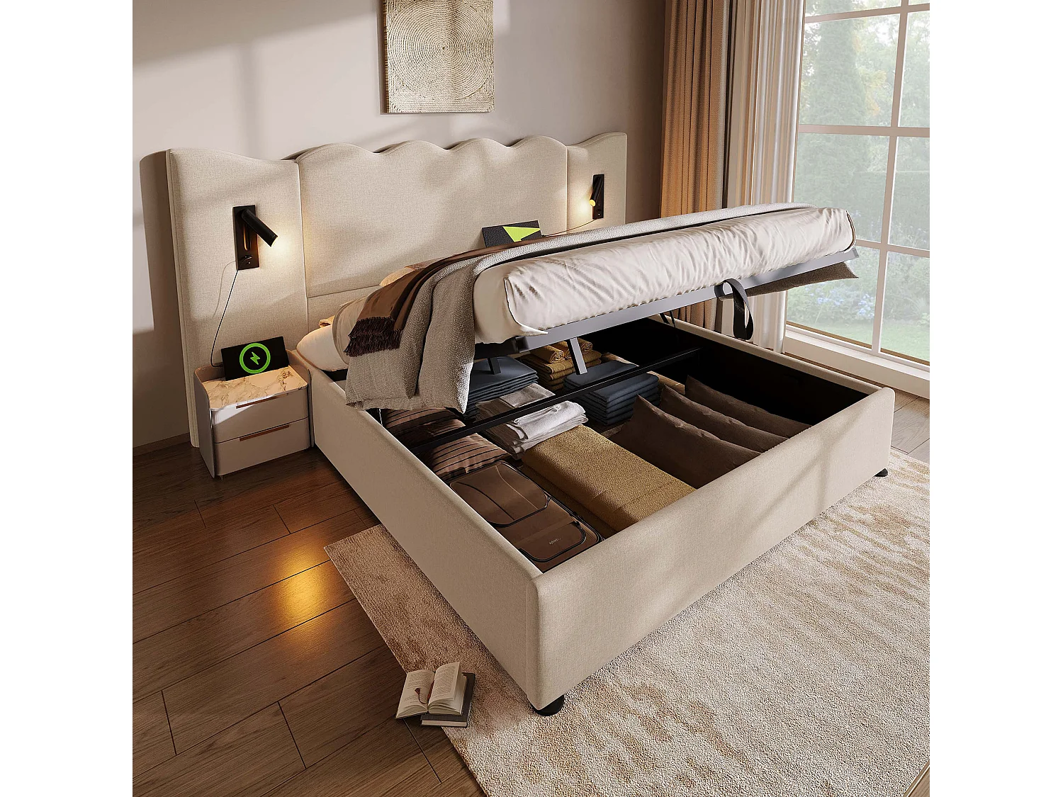 Cama contenedor 180 x 200 cm con cabecero grande - Lámpara de lectura y tomas USB + Tipo C - Tela de lino y madera maciza - Beige (sin colchón)