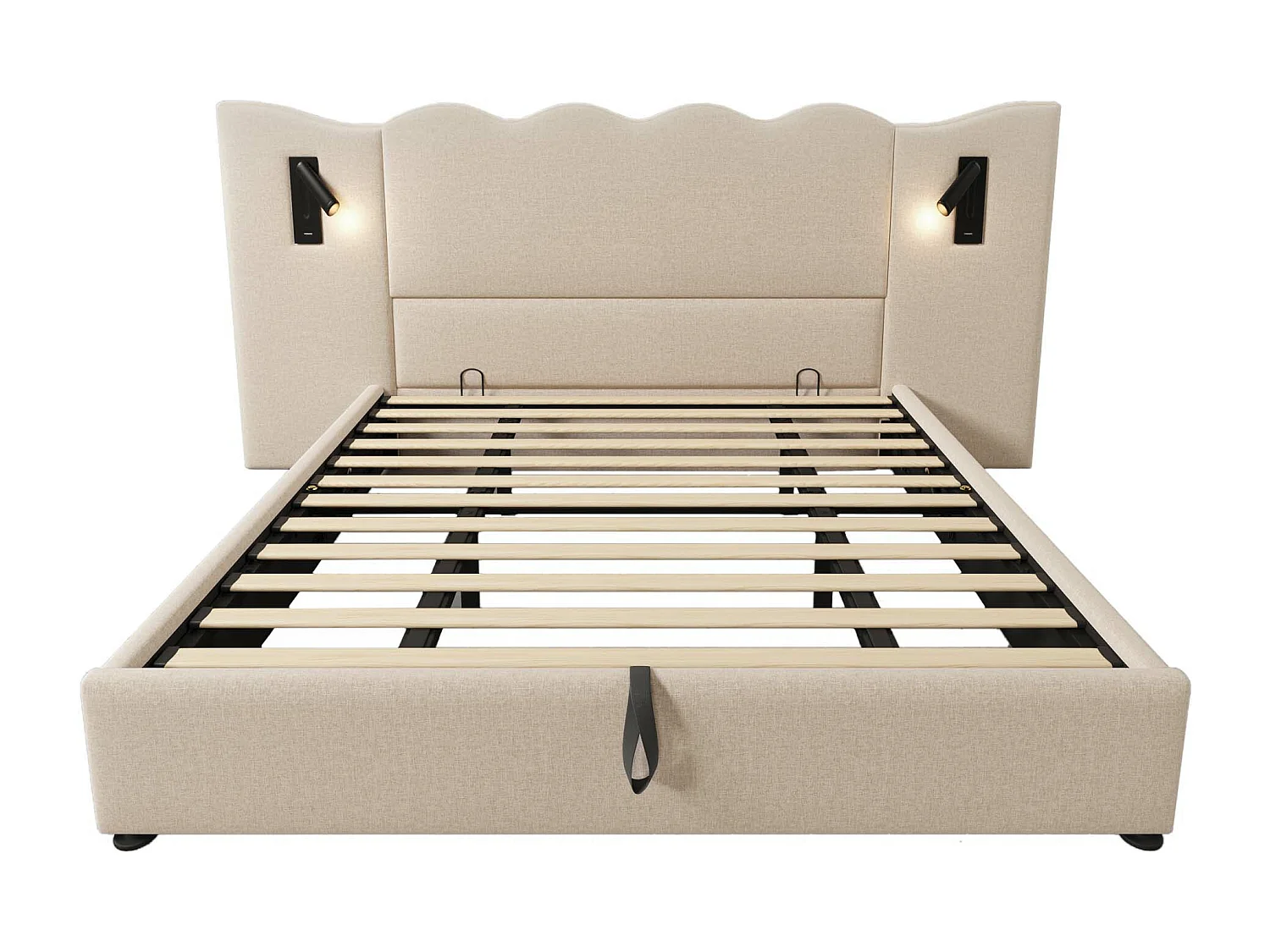 Cama contenedor 180 x 200 cm con cabecero grande - Lámpara de lectura y tomas USB + Tipo C - Tela de lino y madera maciza - Beige (sin colchón)