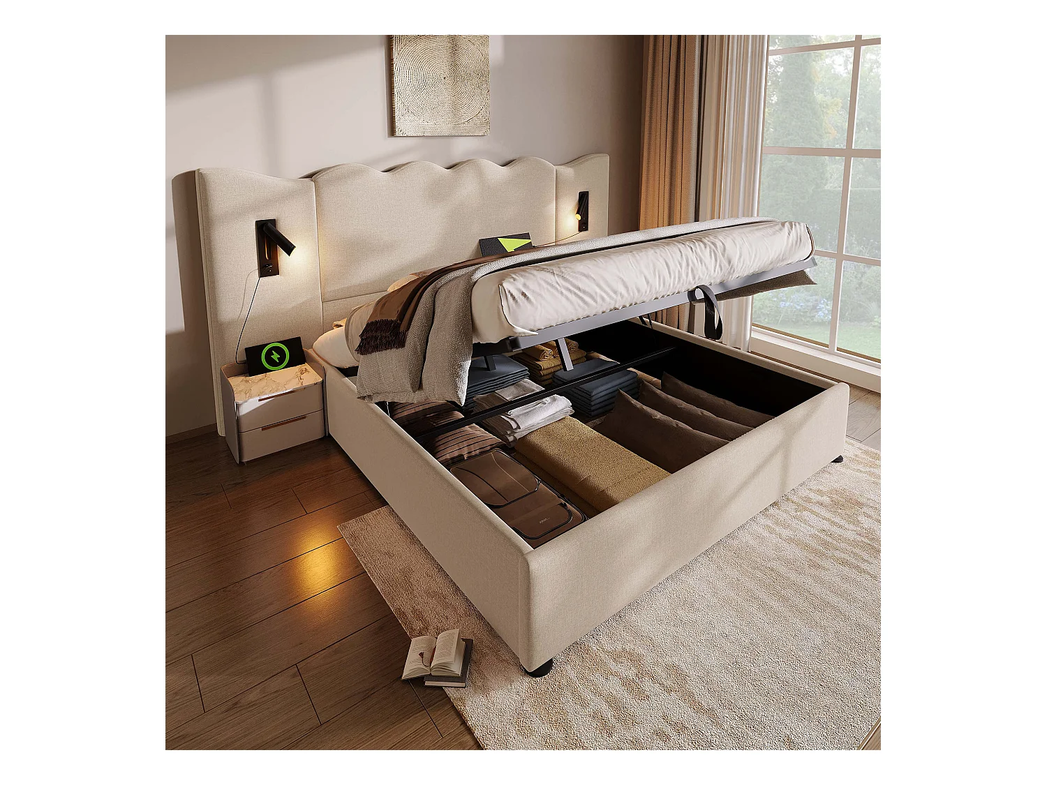 Lit coffre 180 x 200 cm avec grand tête de lit - Lampe de lecture et prises USB + Type-C - Tissu lin et bois massif - Beige (sans matelas)