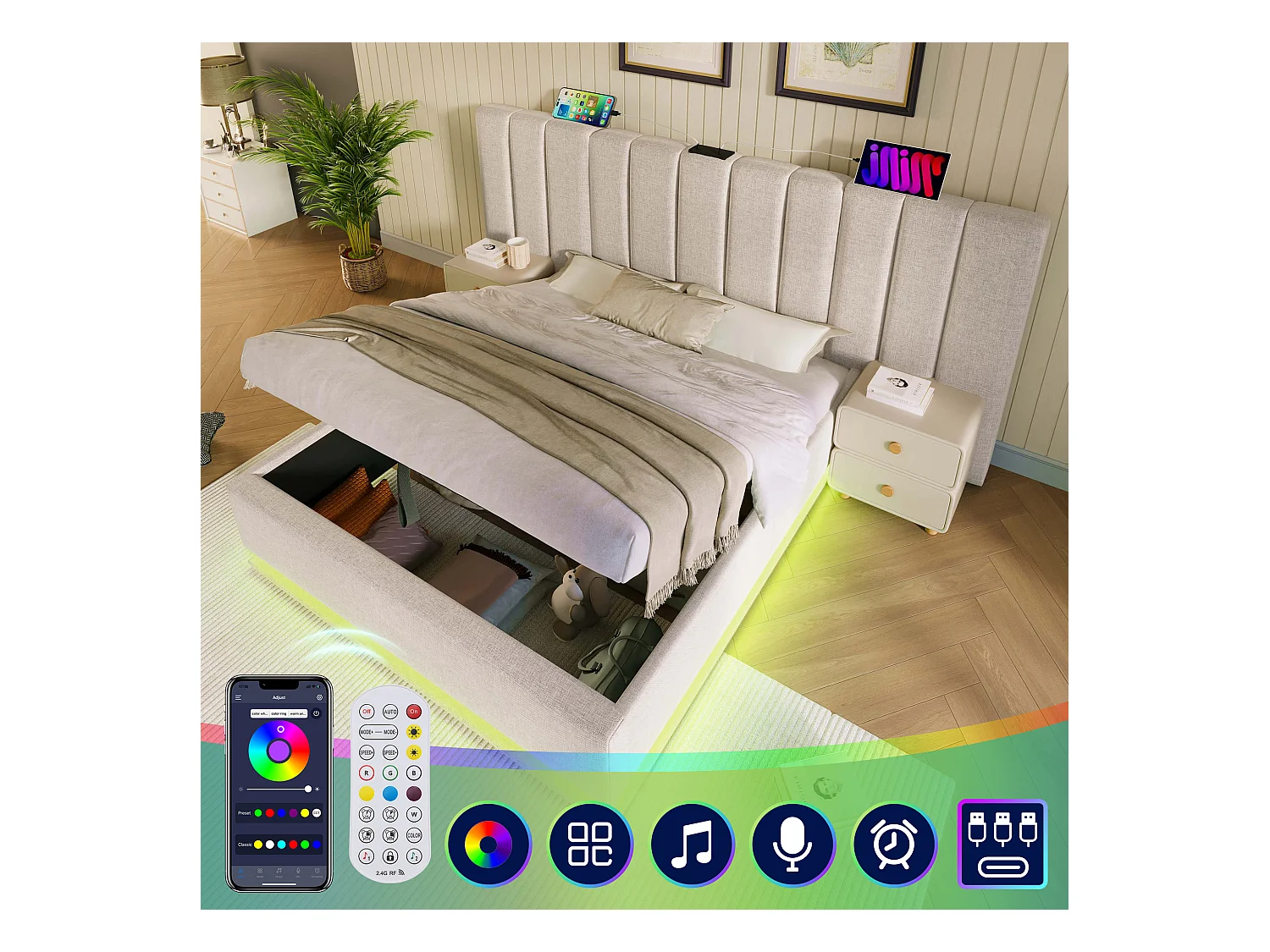 Lit coffre 180 x 200 cm avec grand tête de lit - Lampe de lecture et prises USB + Type-C - LEDs - Tissu en lin - Beige (sans matelas)
