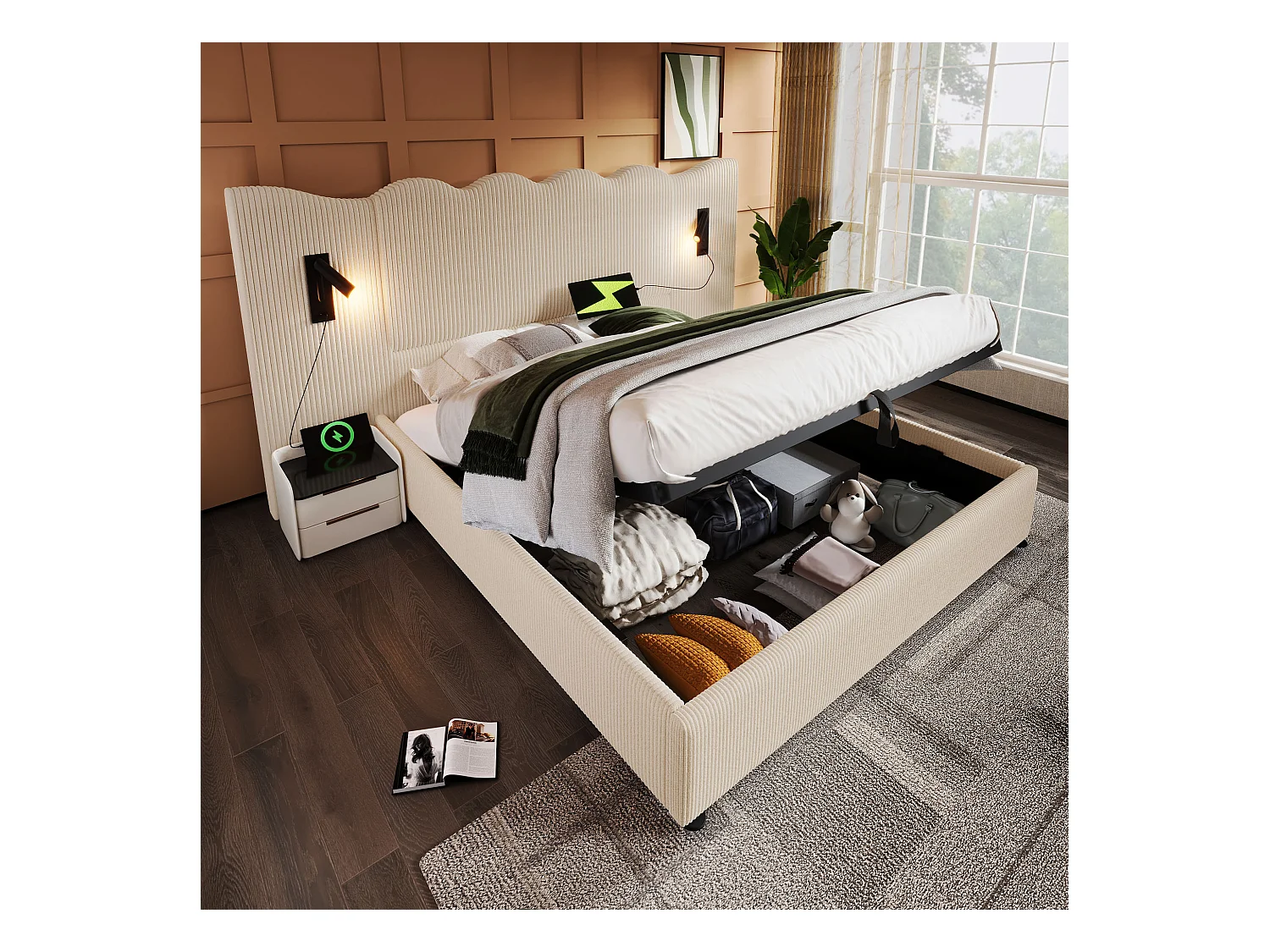Lit coffre 160 x 200 cm avec grand tête de lit - Lampe de lecture et prises USB + Type-C - Tissu lin et bois massif - Crème (sans matelas)