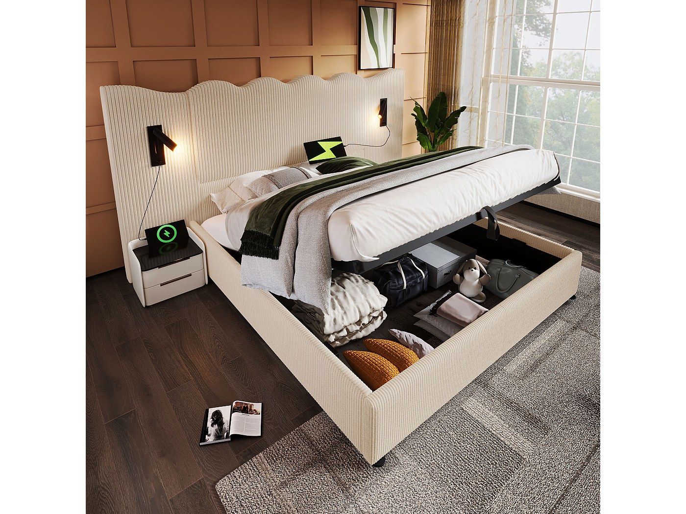 Lit coffre 160 x 200 cm avec grand tête de lit - Lampe de lecture et ...