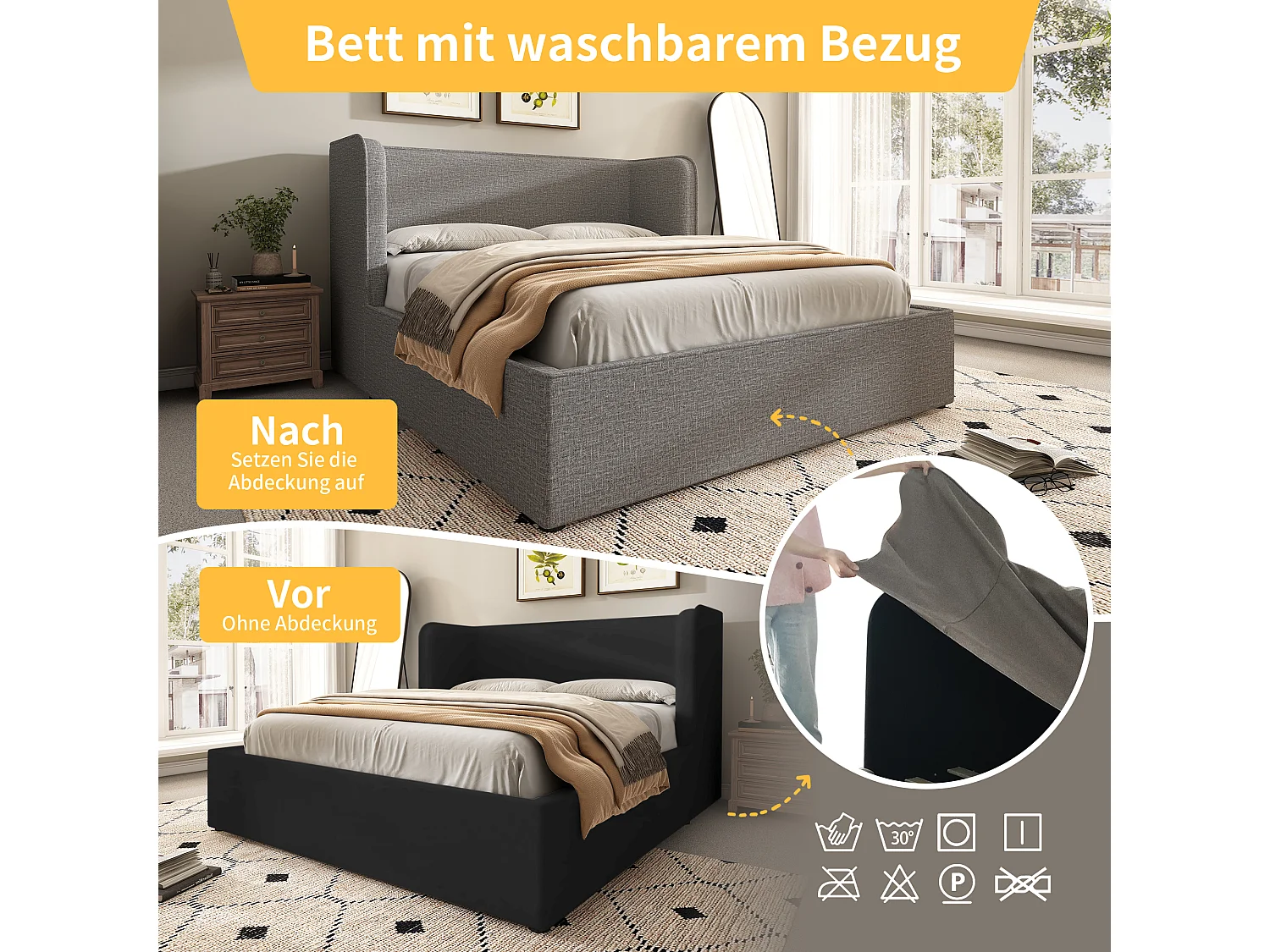 Letto contenitore 160 x 200 cm con testiera e supporti laterali - Rete sfoderabile - Tessuto Lino - Grigio (senza materasso)