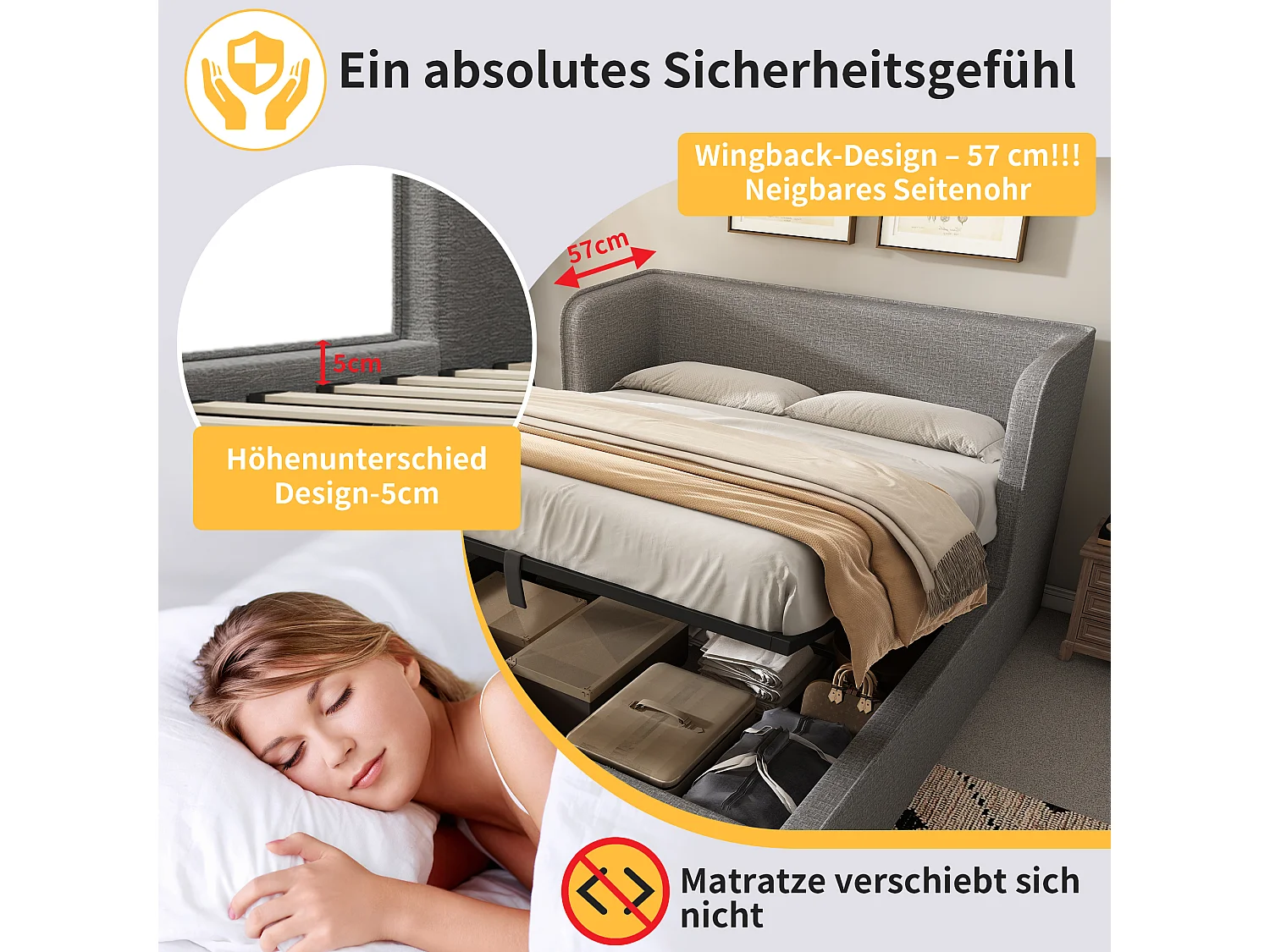 Letto contenitore 160 x 200 cm con testiera e supporti laterali - Rete sfoderabile - Tessuto Lino - Grigio (senza materasso)