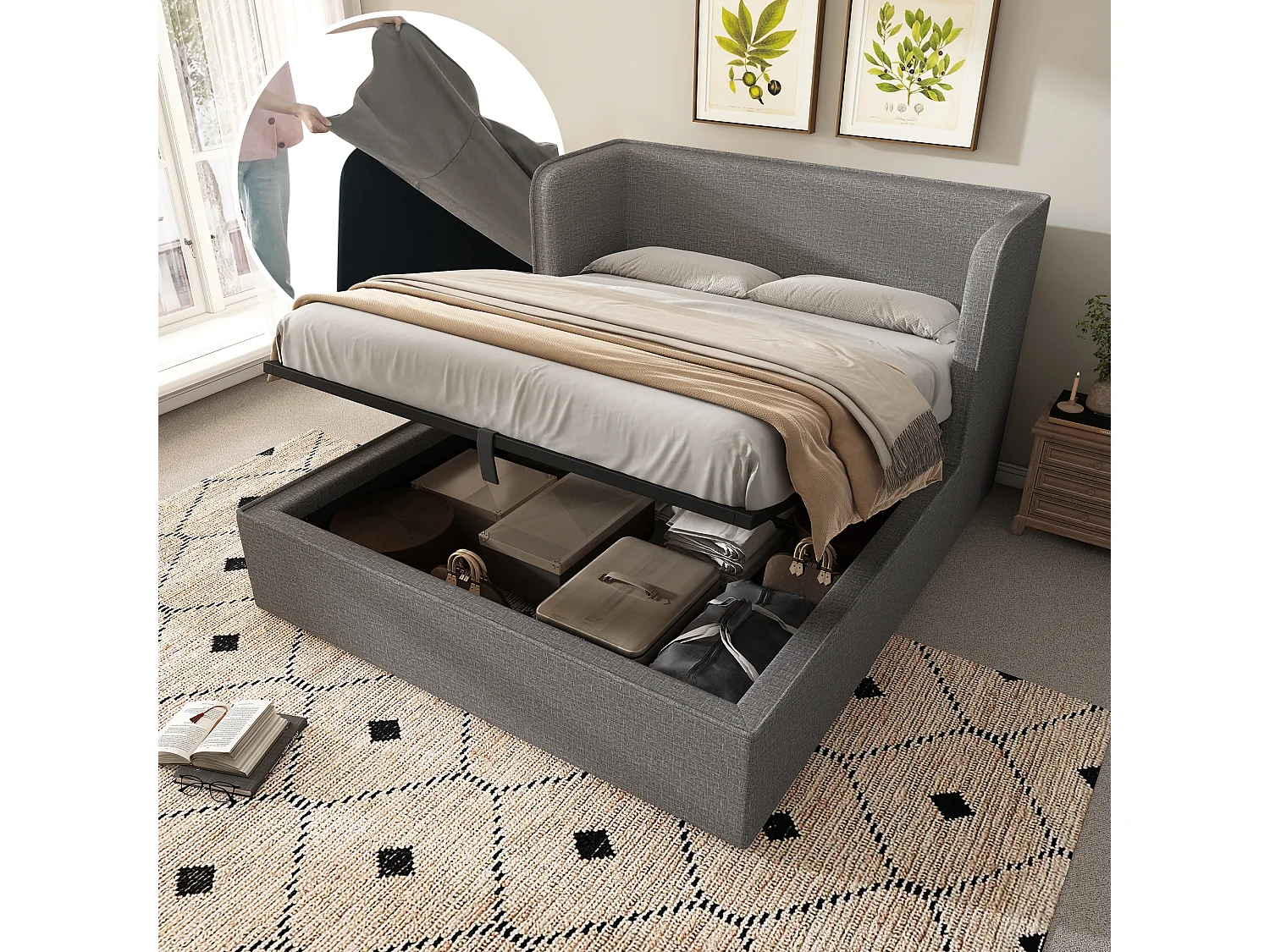 Lit coffre 160 x 200 cm avec tête de lit et appuis latéraux - Housse de sommier amovible - Tissu en lin - Gris (sans matelas)