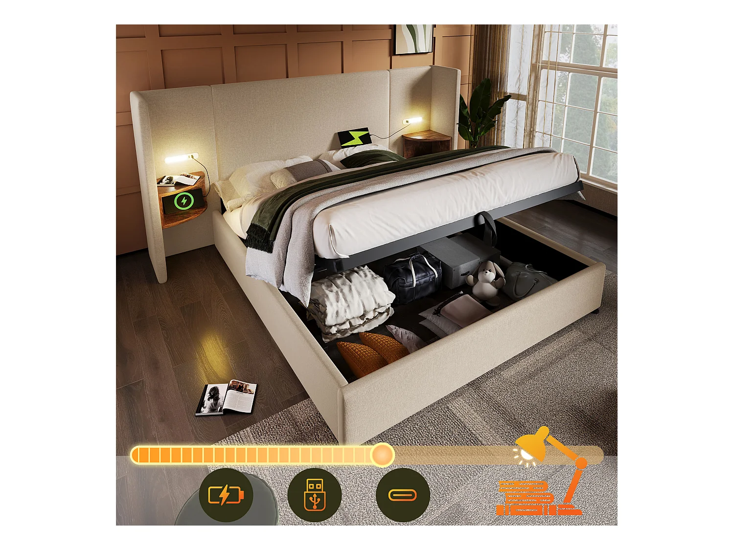 Lit coffre 160 x 200 cm avec grand tête de lit et chevets - Lampe de lecture et prises USB + Type-C - Tissu en lin - Beige (sans matelas)