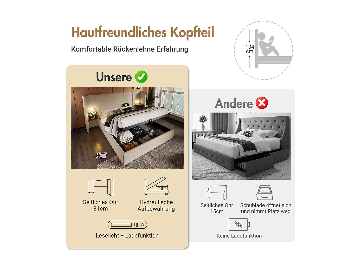 Lit coffre 160 x 200 cm avec grand tête de lit et chevets - Lampe de lecture et prises USB + Type-C - Tissu en lin - Beige (sans matelas)