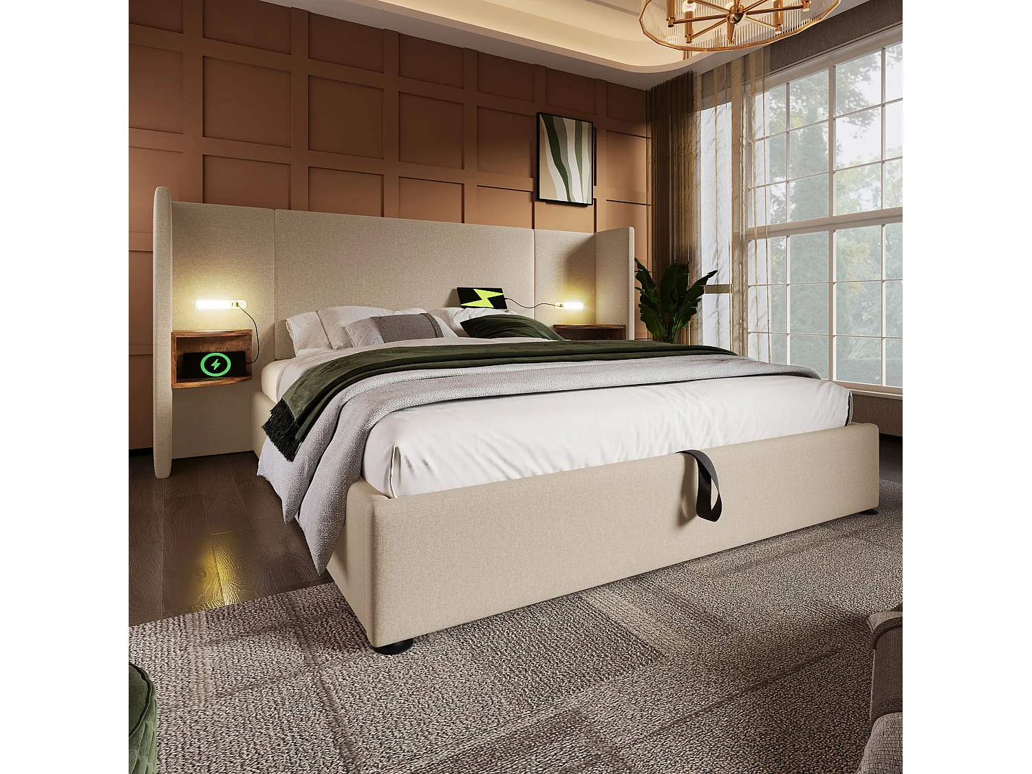 Lit coffre 160 x 200 cm avec grand tête de lit et chevets - Lampe de lecture et prises USB + Type-C - Tissu en lin - Beige (sans matelas)