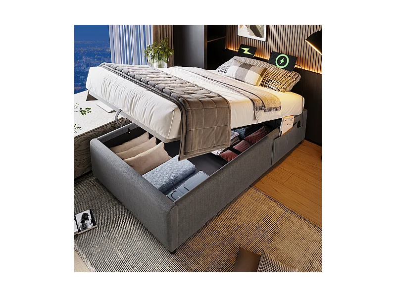 Stauraumbett 90 x 190 cm ohne Kopfteil – 2 Seitentaschen und USB + Typ-C-Steckdosen – Baumwollstoff – Grau (ohne Matratze)