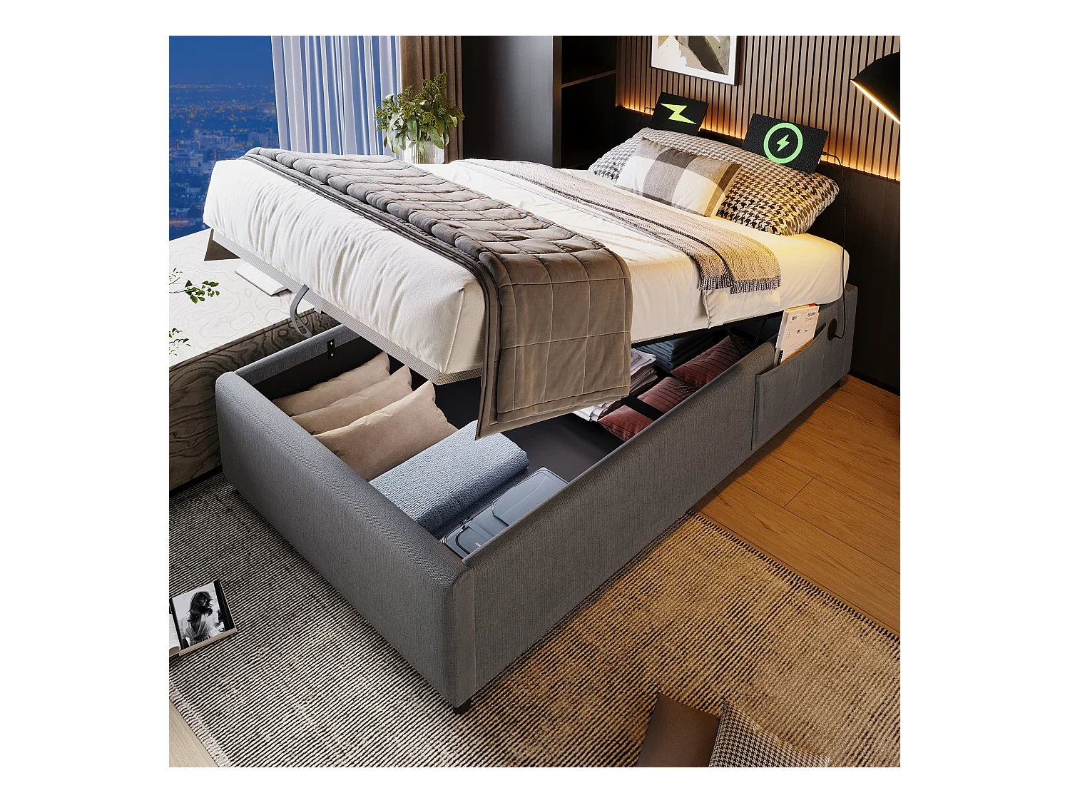 Lit coffre 90 x 190 cm sans tête de lit - 2 poches latérales et prises USB + Type-C - Tissu en coton - Gris (sans matelas)