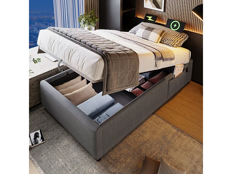 Opbergbed 90 x 190 cm zonder hoofdeinde - 2 zijvakken en USB + Type-C stopcontacten - Katoenen stof - Grijs (zonder matras)