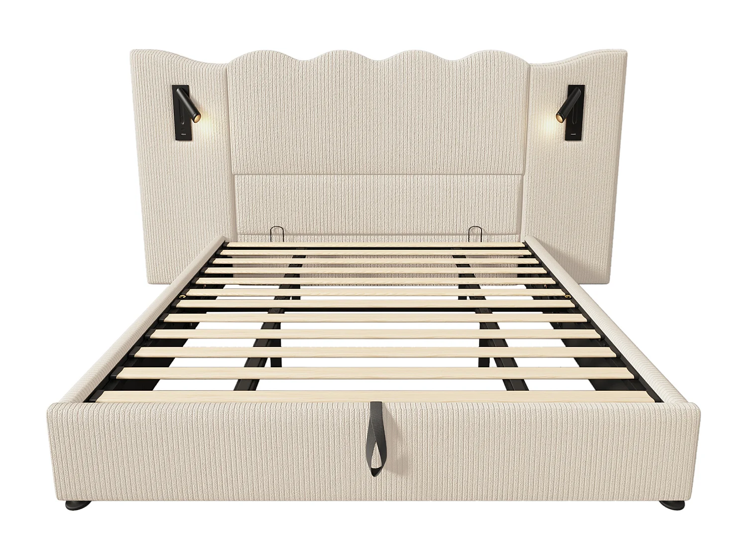 Letto contenitore 180 x 200 cm con testiera ampia - Lampada da lettura e prese USB + Type-C - Tessuto lino e legno massello - Crema (senza materasso)