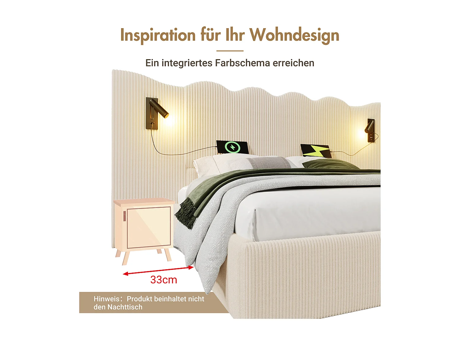 Lit coffre 180 x 200 cm avec grand tête de lit - Lampe de lecture et prises USB + Type-C - Tissu lin et bois massif - Crème (sans matelas)