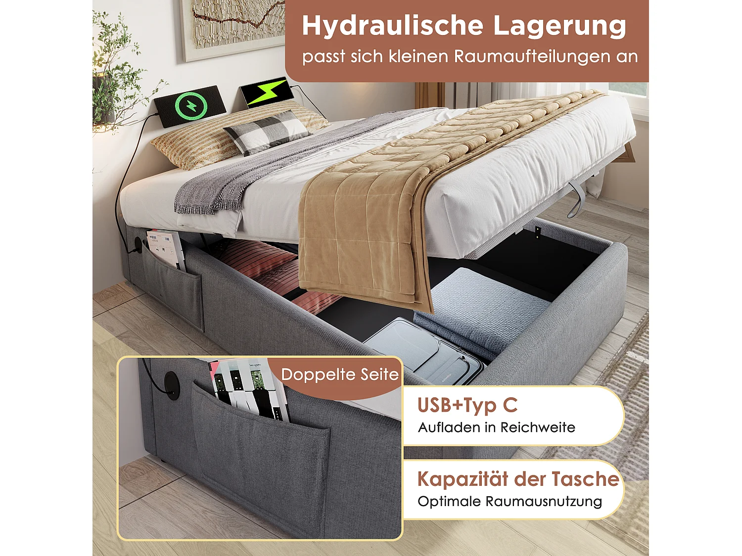 Lit coffre 160 x 200 cm sans tête de lit - 2 poches latérales et prises USB + Type-C - Tissu en coton - Gris (sans matelas)