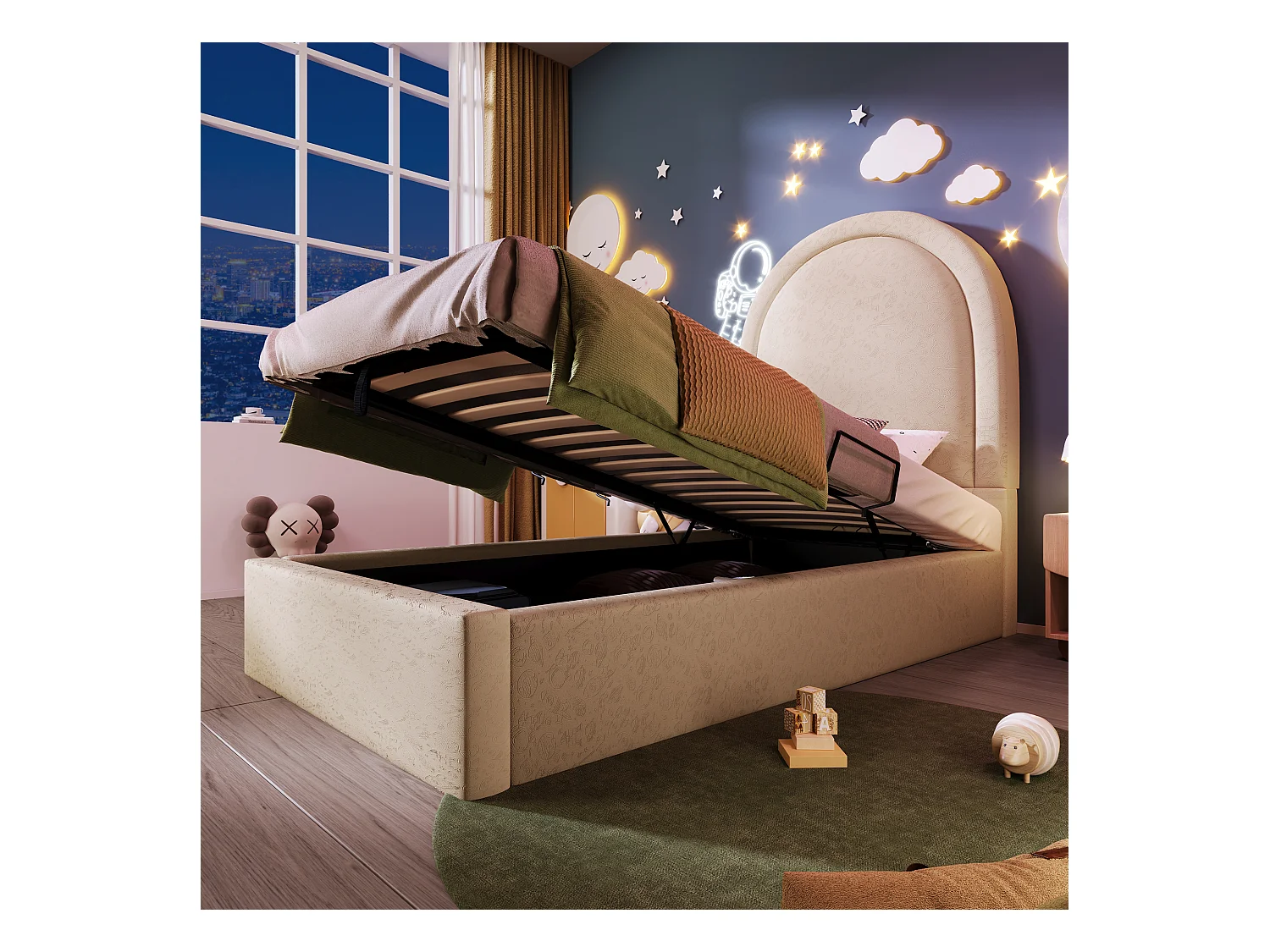 Lit coffre 90 x 190 cm avec tête de lit ronde - Cuir PU - Motif cosmique - Beige (sans matelas)
