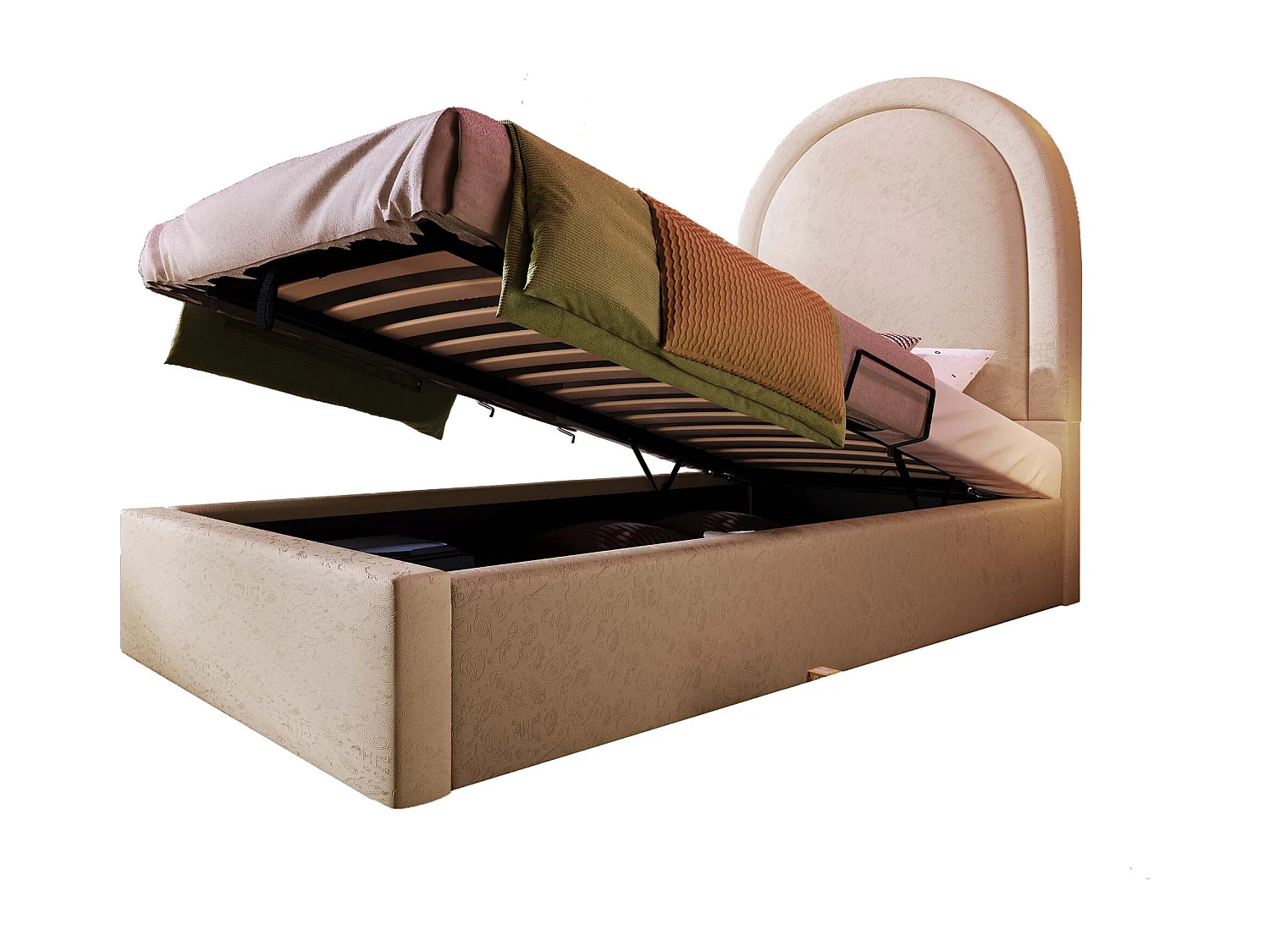 Bettkasten 90 x 190 cm mit rundem Kopfteil – PU-Leder – Kosmisches Muster – Beige (ohne Matratze)