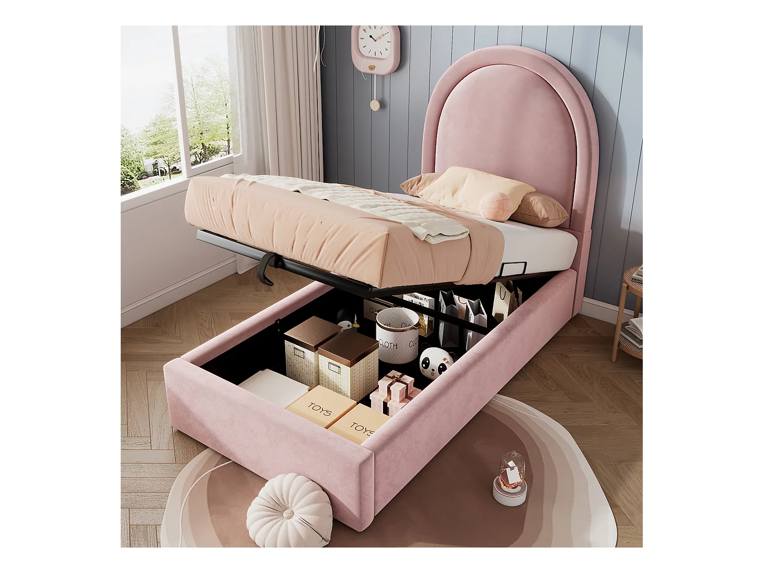 Lit coffre 90 x 200 cm avec tête de lit ronde - Velours - Motif cosmique - Rose (sans matelas)