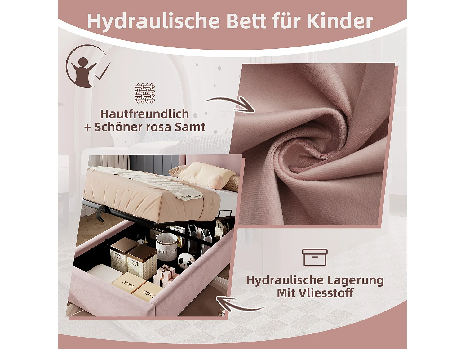 Lit coffre 90 x 200 cm avec tête de lit ronde - Velours - Motif cosmique - Rose (sans matelas)