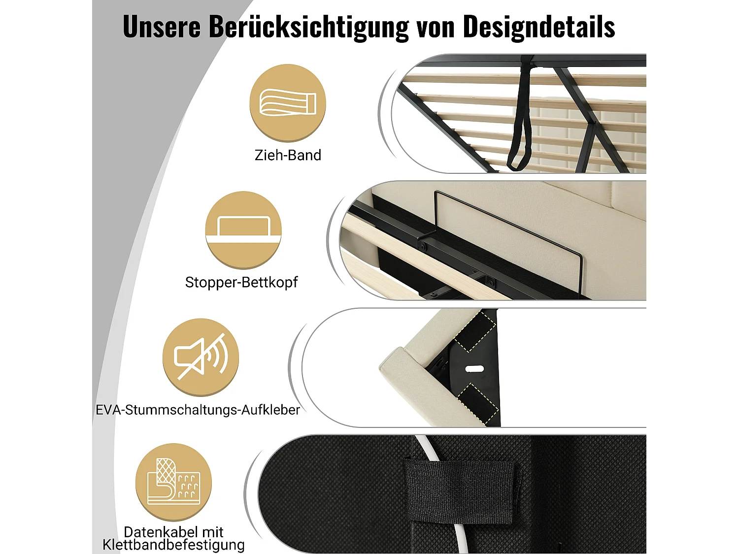 Opbergbed 160 x 200 cm met groot hoofdeinde - Leeslamp en USB + Type-C stopcontacten - LED's - Linnenstof - Beige (zonder matras)