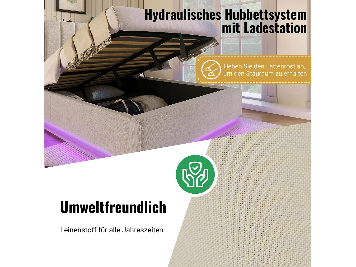 Opbergbed 160 x 200 cm met groot hoofdeinde - Leeslamp en USB + Type-C stopcontacten - LED's - Linnenstof - Beige (zonder matras)