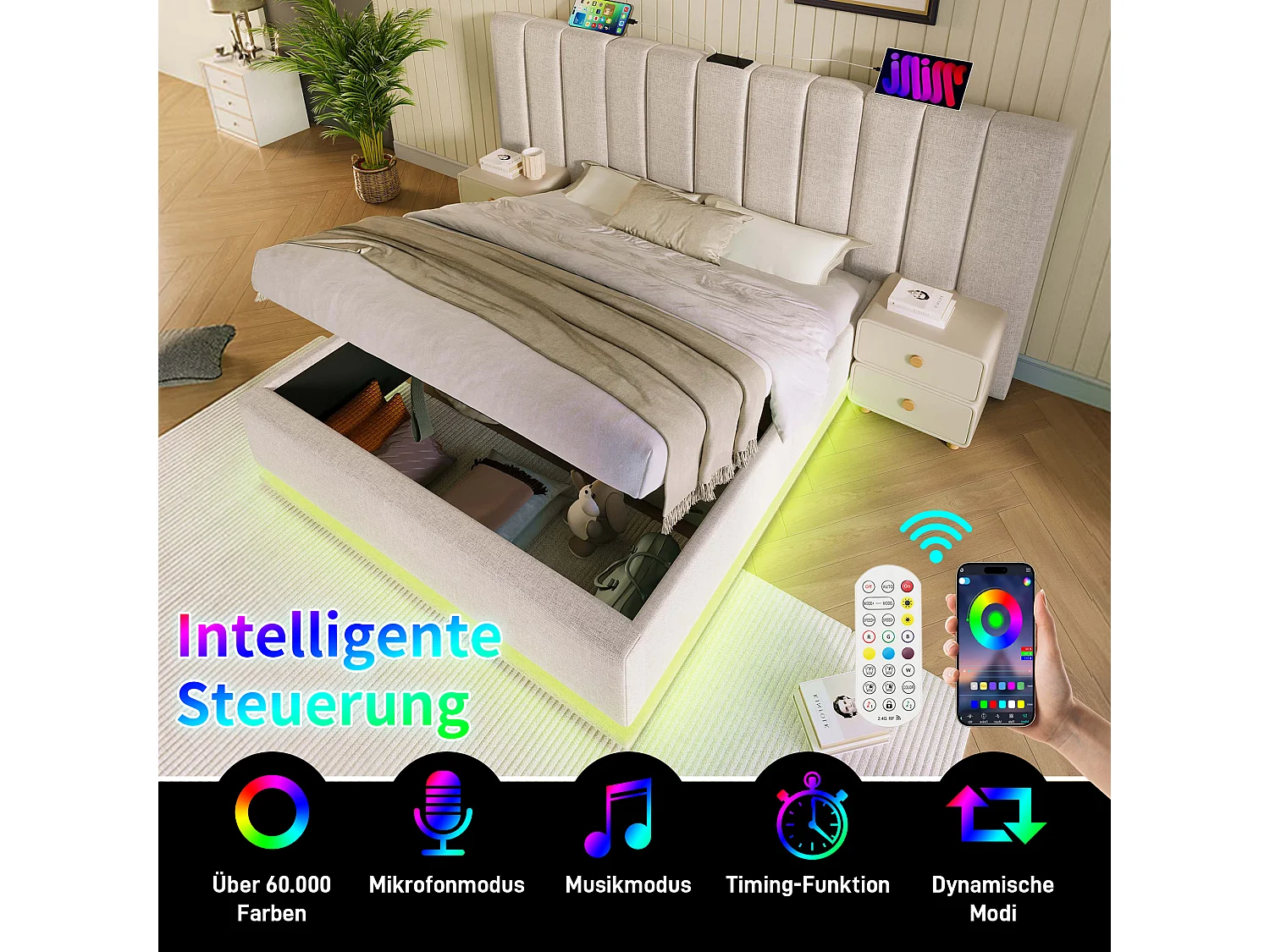 Opbergbed 160 x 200 cm met groot hoofdeinde - Leeslamp en USB + Type-C stopcontacten - LED's - Linnenstof - Beige (zonder matras)