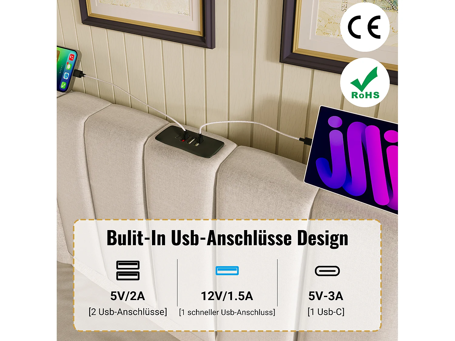 Lit coffre 160 x 200 cm avec grand tête de lit - Lampe de lecture et prises USB + Type-C - LEDs - Tissu en lin - Beige (sans matelas)