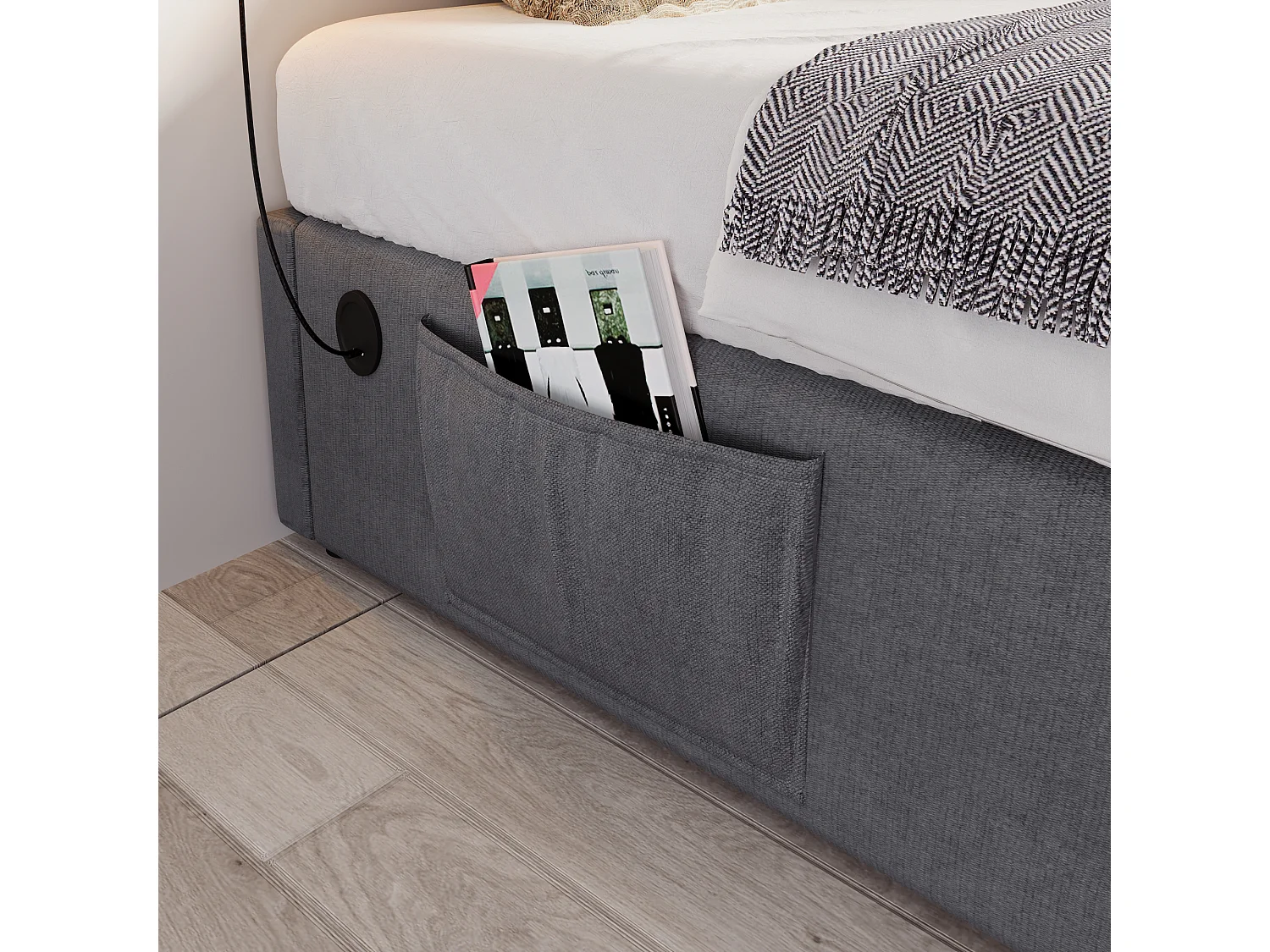 Letto contenitore 140 x 200 cm senza testiera - 2 tasche laterali e prese USB + Type-C - Tessuto Cotone - Grigio (senza materasso)