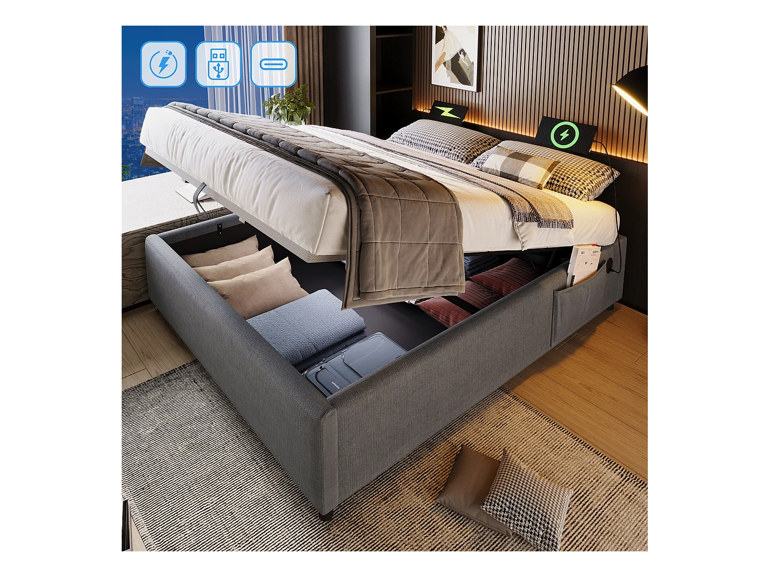 Lit coffre 140 x 200 cm sans tête de lit - 2 poches latérales et prises USB + Type-C - Tissu en coton - Gris (sans matelas)
