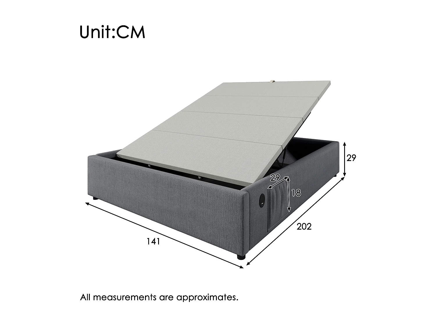 Lit coffre 140 x 200 cm sans tête de lit - 2 poches latérales et prises USB + Type-C - Tissu en coton - Gris (sans matelas)