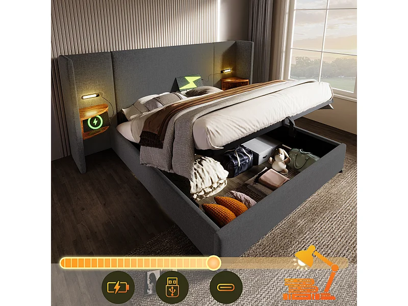 Cama contenedor 160 x 200 cm con cabecero grande y mesitas de noche - Lámpara de lectura y tomas USB + tipo C - Tela de lino - Gris (sin colchón)