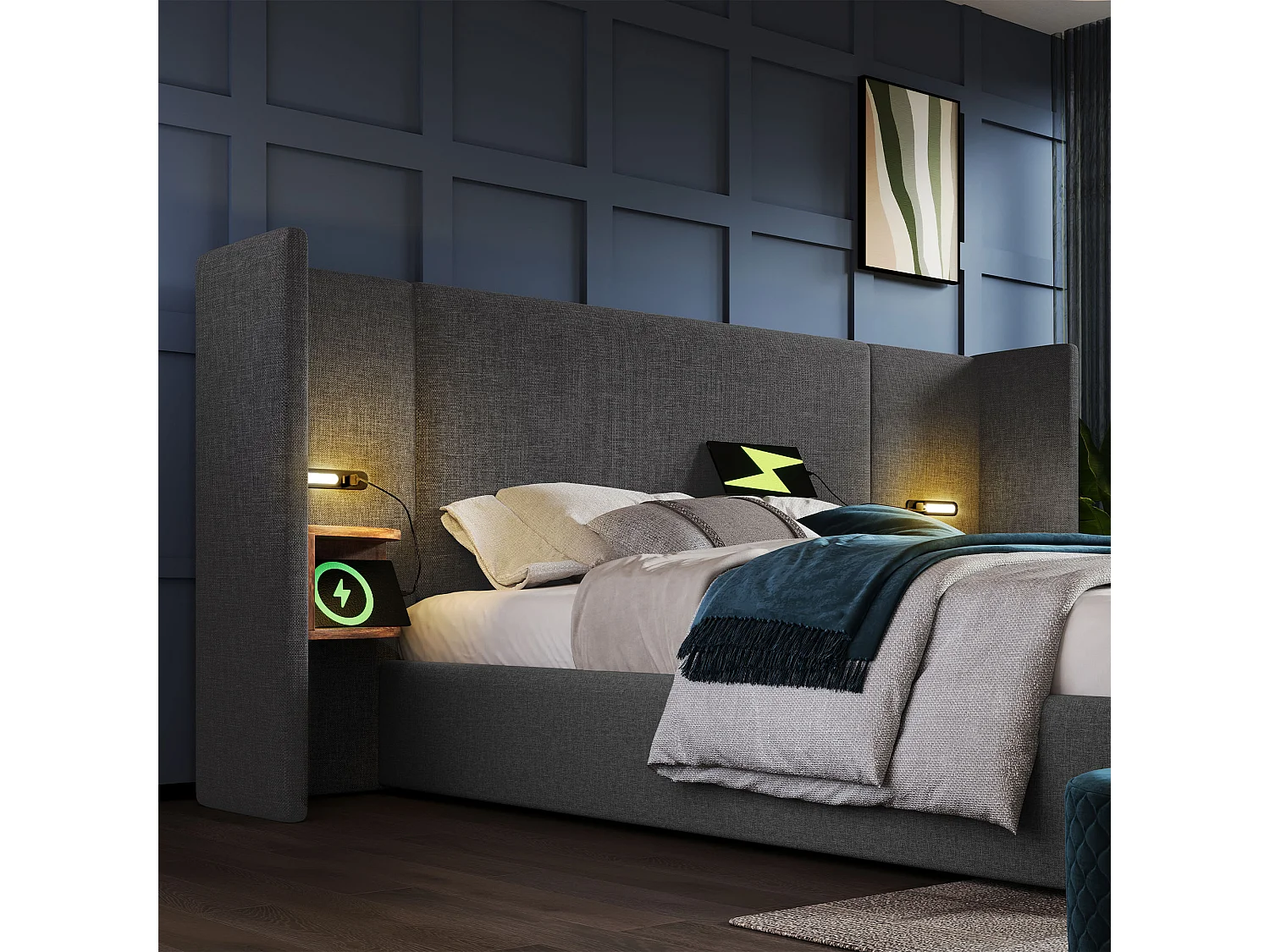 Lit coffre 160 x 200 cm avec grand tête de lit et chevets - Lampe de lecture et prises USB + Type-C - Tissu en lin - Gris (sans matelas)