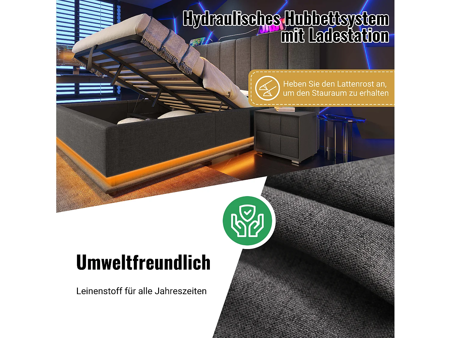 Letto contenitore 160 x 200 cm con testiera ampia - Lampada da lettura e prese USB + Type-C - LED - Tessuto Lino - Grigio (senza materasso)