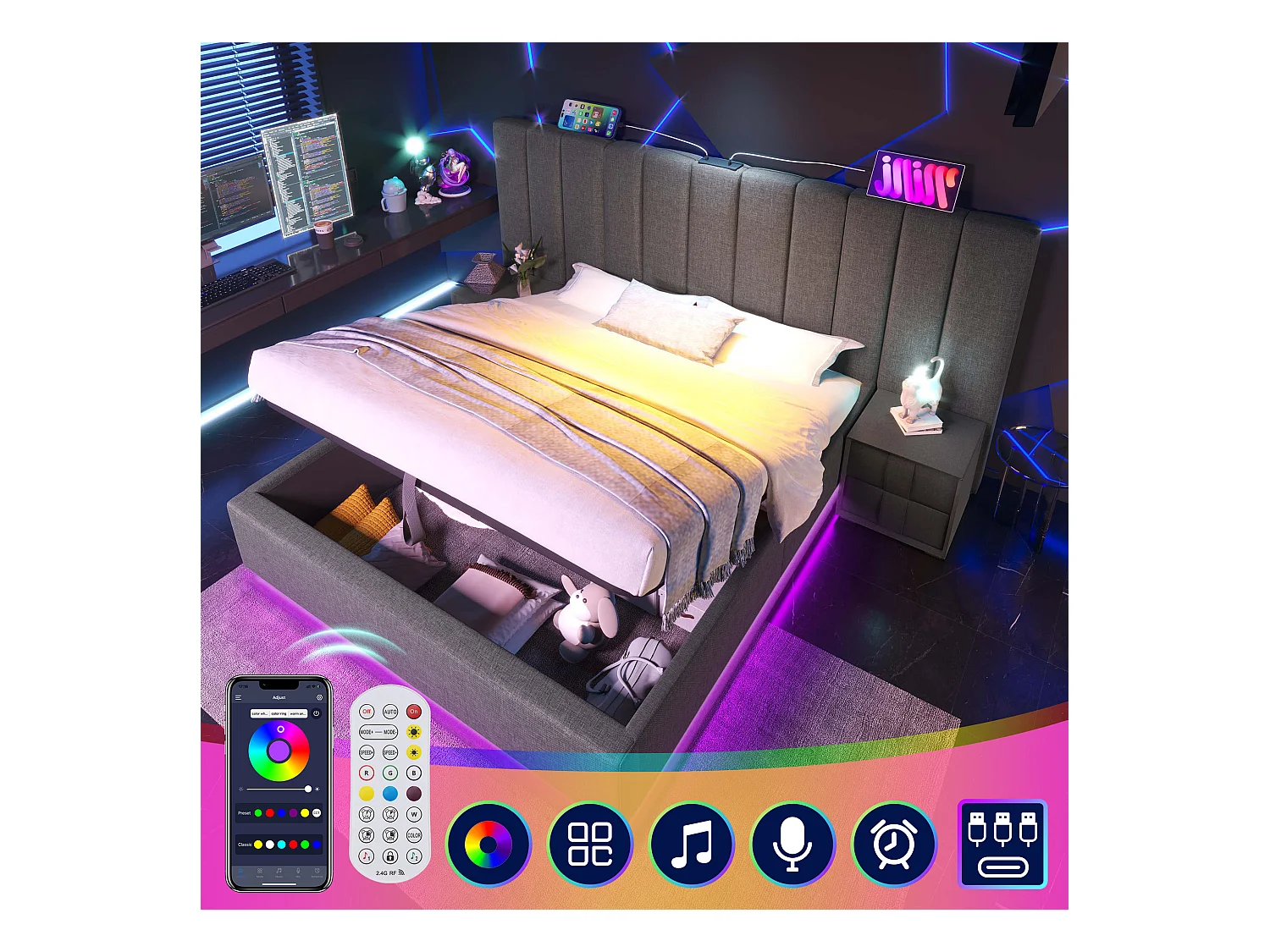 Lit coffre 160 x 200 cm avec grand tête de lit - Lampe de lecture et prises USB + Type-C - LEDs - Tissu en lin - Gris (sans matelas)