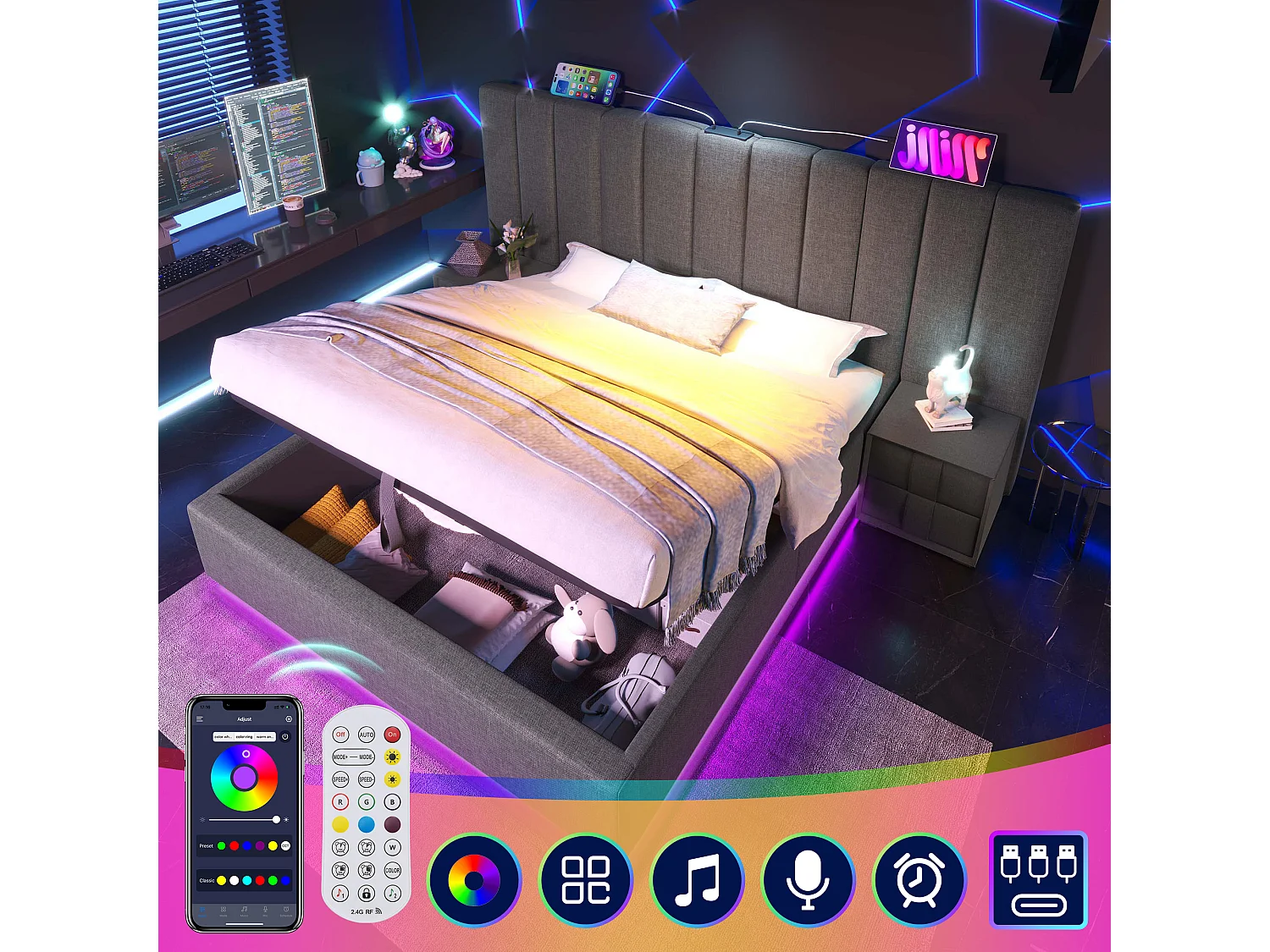 Lit coffre 160 x 200 cm avec grand tête de lit - Lampe de lecture et prises USB + Type-C - LEDs - Tissu en lin - Gris (sans matelas)