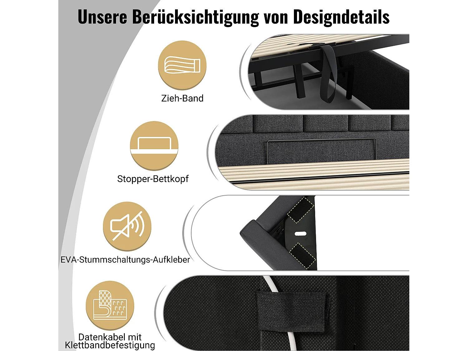 Lit coffre 160 x 200 cm avec grand tête de lit - Lampe de lecture et prises USB + Type-C - LEDs - Tissu en lin - Gris (sans matelas)