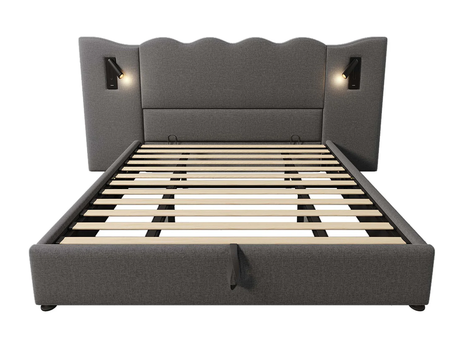 Stauraumbett 180 x 200 cm mit großem Kopfteil – Leselampe und USB + Typ-C-Steckdosen – Leinenstoff und Massivholz – Grau (ohne Matratze)