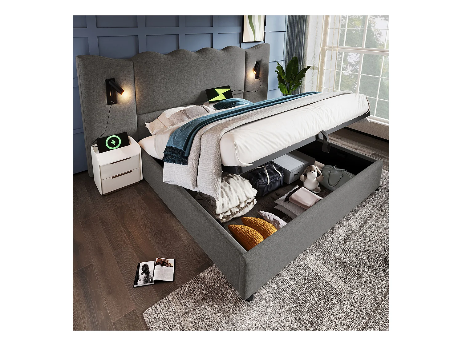 Stauraumbett 180 x 200 cm mit großem Kopfteil – Leselampe und USB + Typ-C-Steckdosen – Leinenstoff und Massivholz – Grau (ohne Matratze)