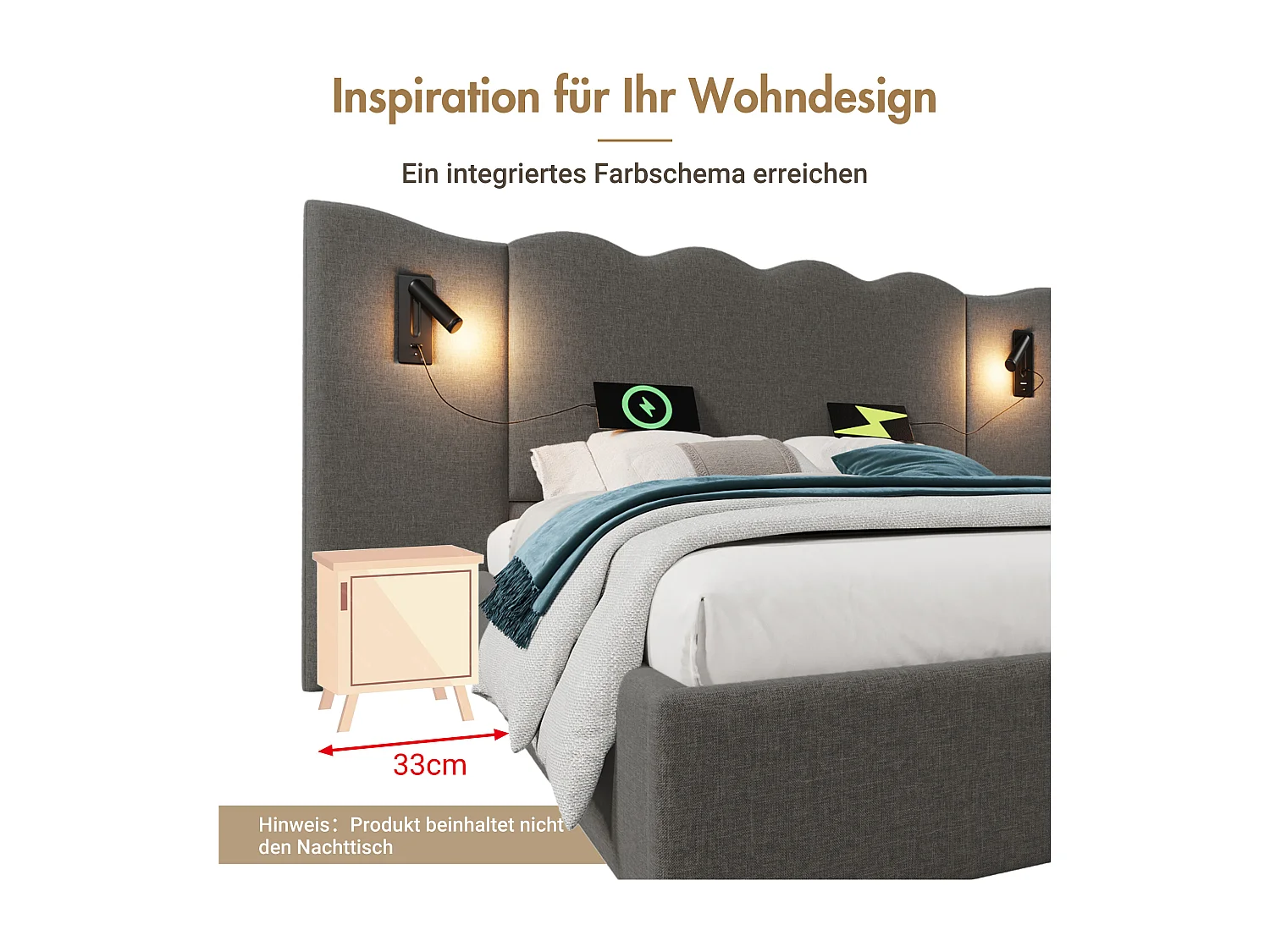 Lit coffre 180 x 200 cm avec grand tête de lit - Lampe de lecture et prises USB + Type-C - Tissu lin et bois massif - Gris (sans matelas)