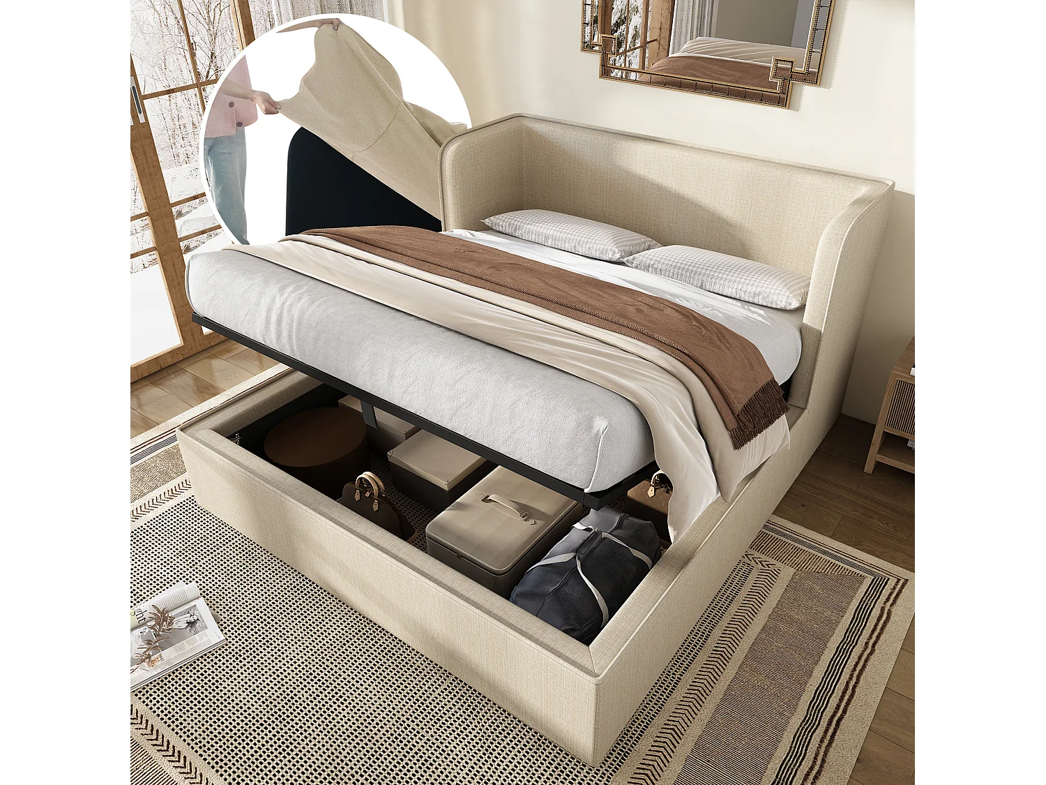 Łóżko ze schowkiem 160 x 200 cm z zagłówkiem i wspornikami bocznymi - Zdejmowane pokrycie dna łóżka - Tkanina lniana - Beżowy (bez materaca)