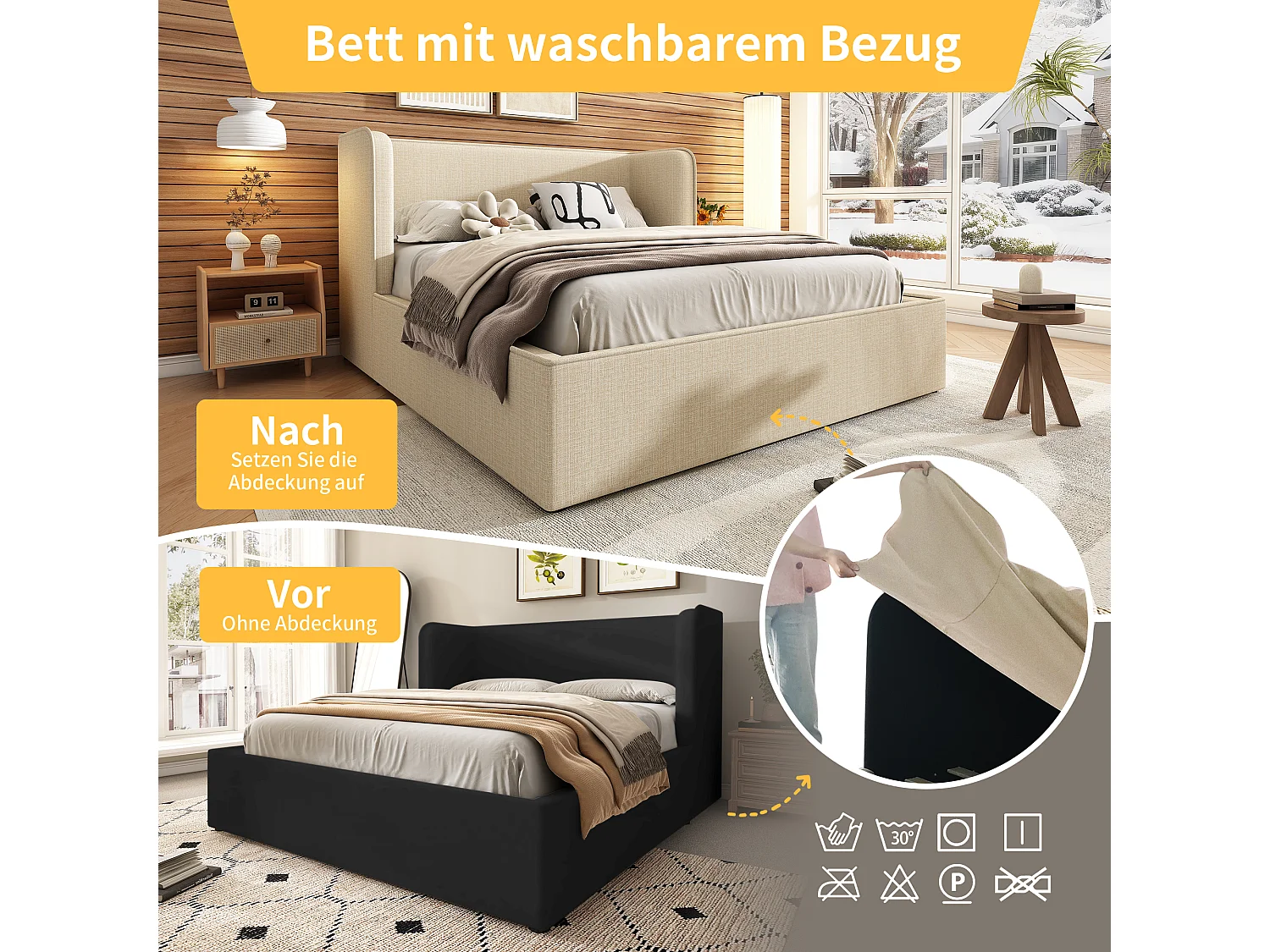 Łóżko ze schowkiem 160 x 200 cm z zagłówkiem i wspornikami bocznymi - Zdejmowane pokrycie dna łóżka - Tkanina lniana - Beżowy (bez materaca)