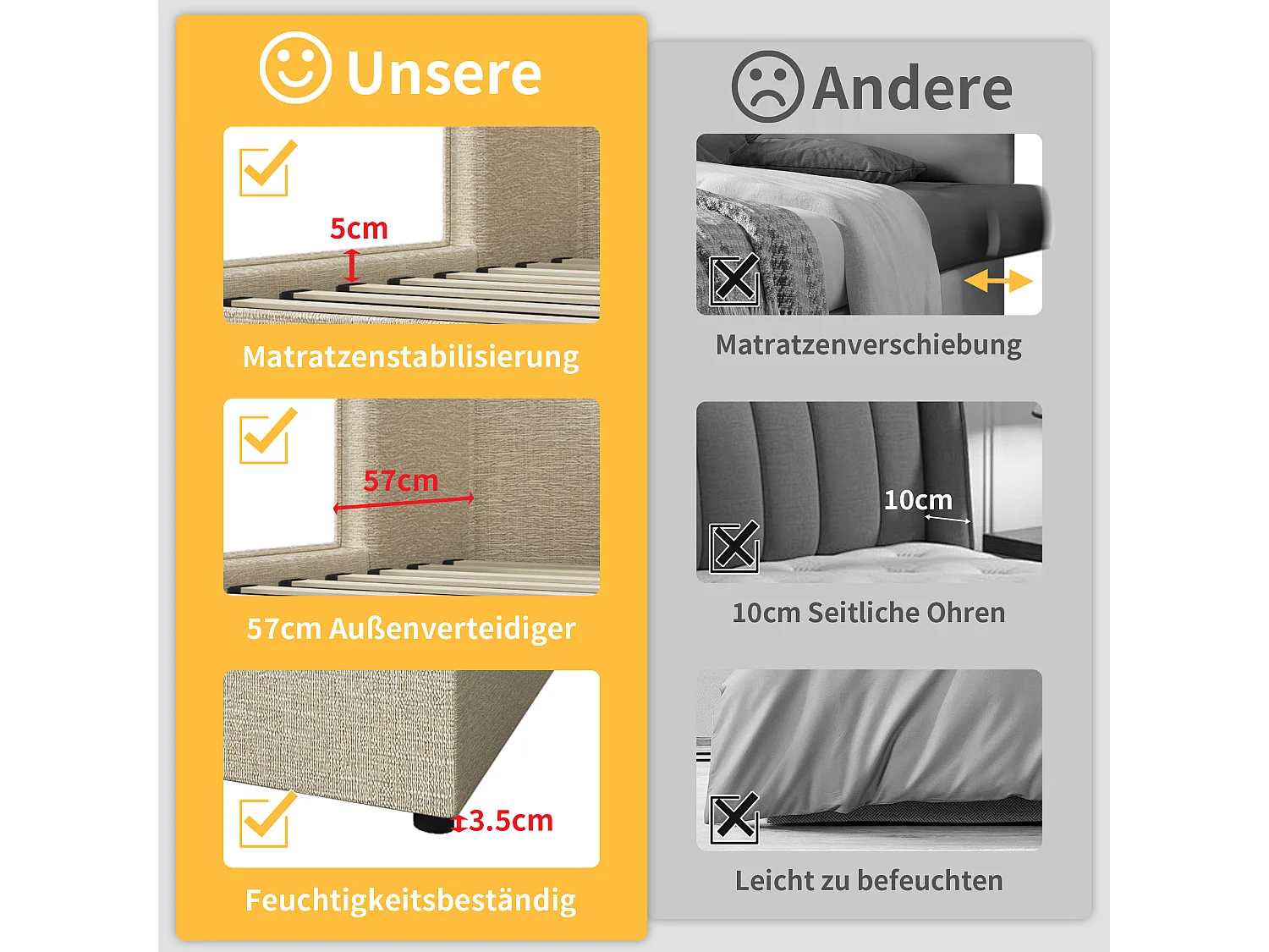 Łóżko ze schowkiem 160 x 200 cm z zagłówkiem i wspornikami bocznymi - Zdejmowane pokrycie dna łóżka - Tkanina lniana - Beżowy (bez materaca)