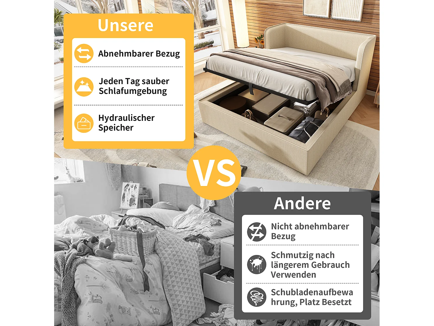 Łóżko ze schowkiem 160 x 200 cm z zagłówkiem i wspornikami bocznymi - Zdejmowane pokrycie dna łóżka - Tkanina lniana - Beżowy (bez materaca)