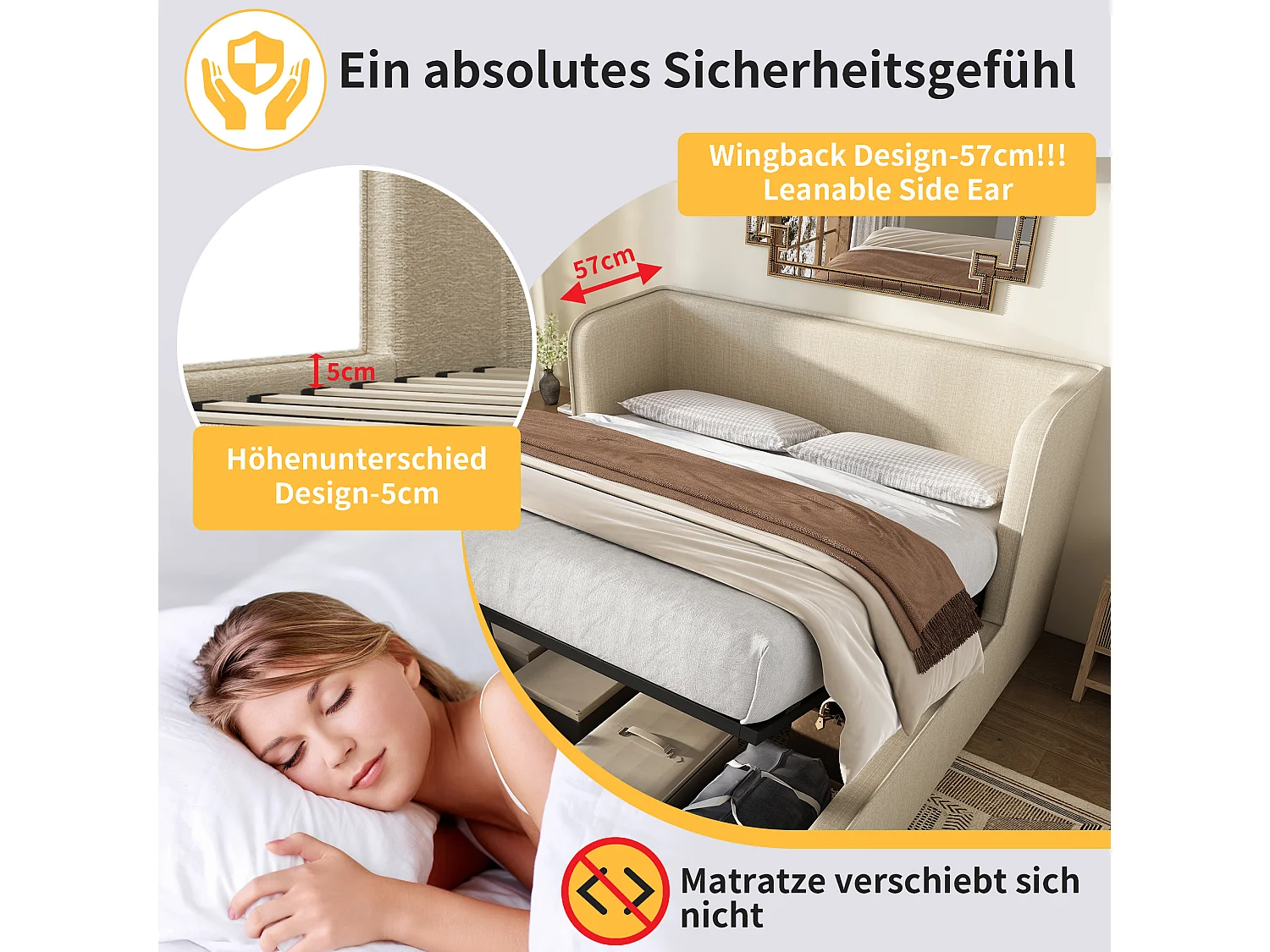 Łóżko ze schowkiem 160 x 200 cm z zagłówkiem i wspornikami bocznymi - Zdejmowane pokrycie dna łóżka - Tkanina lniana - Beżowy (bez materaca)