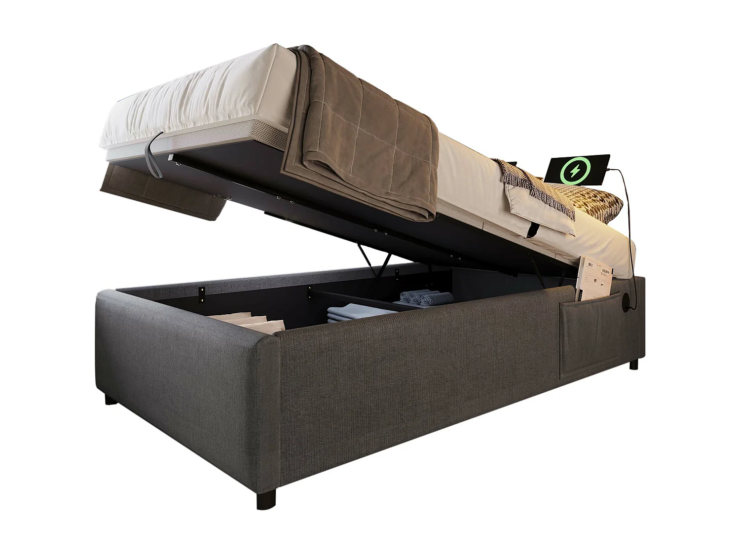 Opbergbed 90 x 200 cm zonder hoofdeinde - 2 zijvakken en USB + Type-C stopcontacten - Katoenen stof - Grijs (zonder matras)